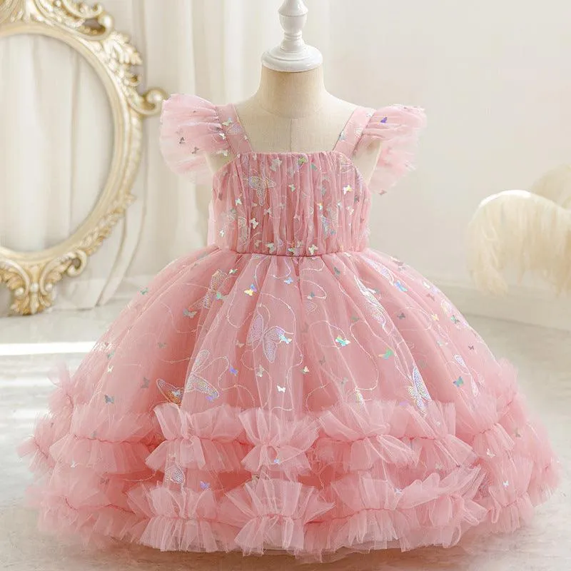 0-6 years old baby dress summer suspender backless small flying sleeve butterfly fluffy girl princess dress