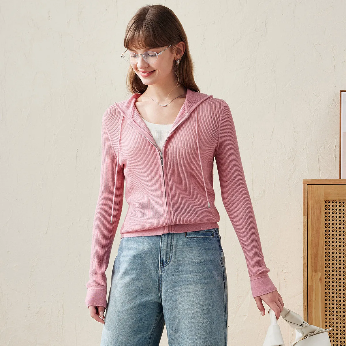 100% Wool Cardigan Cozy Knit Zip-Up Hoodie