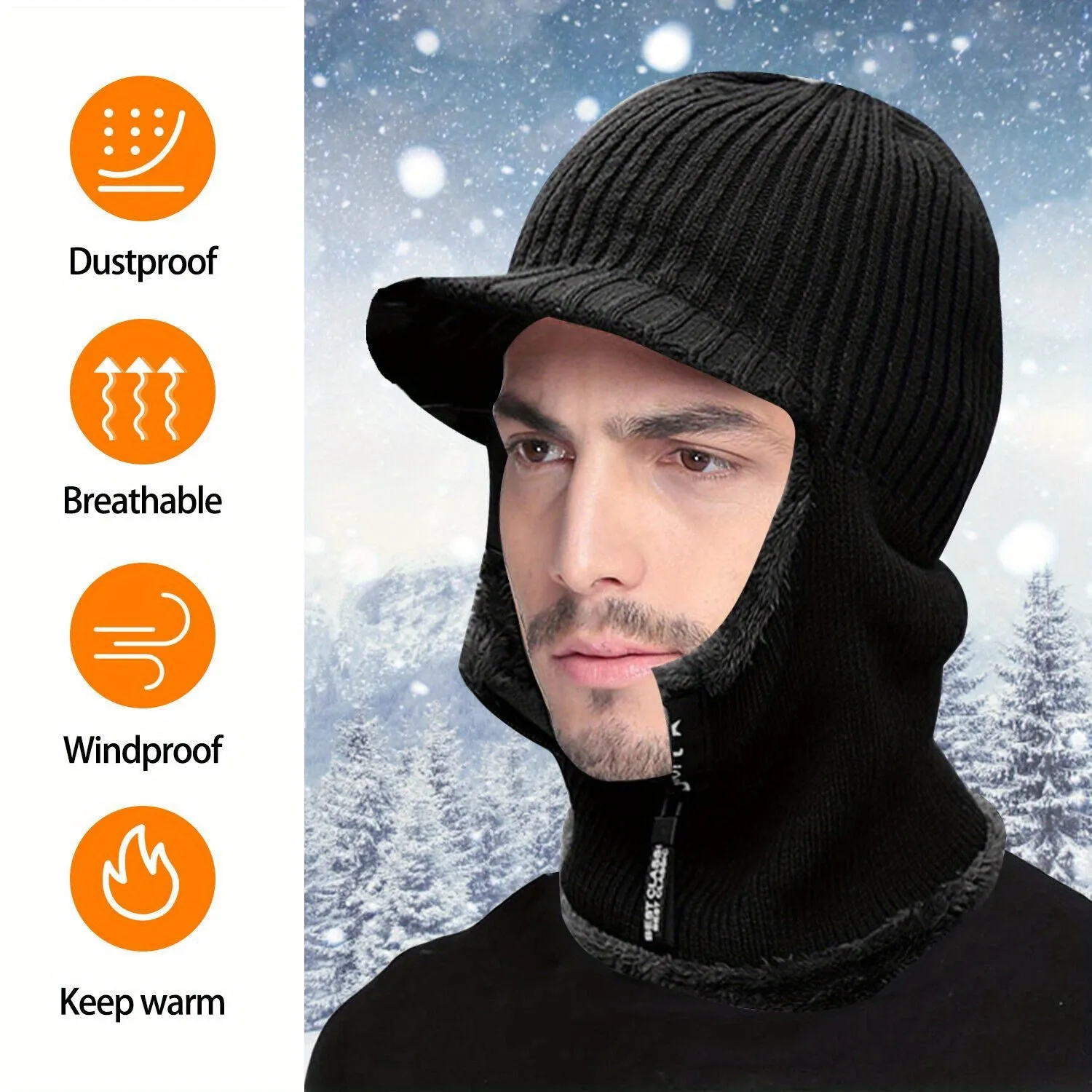 2 pieces Winter Hat Scarf Mask Set, Motorcycle Winter Warm Urine Cap with Thick and Cold Resistant Knitted Hat Wool Skiing Mask with Zipper Solid Color Motorcycle Bicycle Windproof Balaclava Men's and Women's Outdoor Cycling