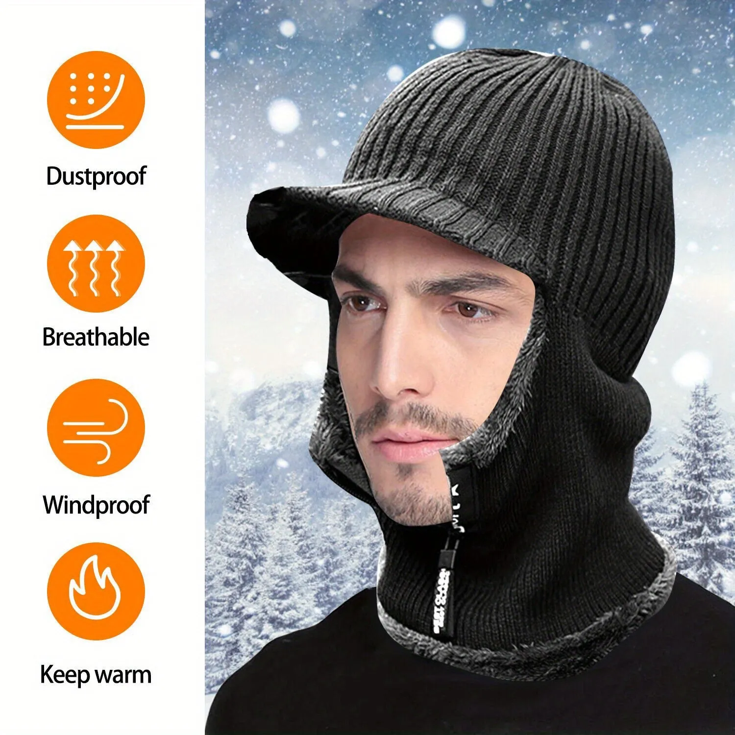 2 pieces Winter Hat Scarf Mask Set, Motorcycle Winter Warm Urine Cap with Thick and Cold Resistant Knitted Hat Wool Skiing Mask with Zipper Solid Color Motorcycle Bicycle Windproof Balaclava Men's and Women's Outdoor Cycling