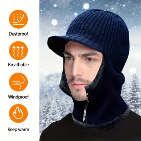 2 pieces Winter Hat Scarf Mask Set, Motorcycle Winter Warm Urine Cap with Thick and Cold Resistant Knitted Hat Wool Skiing Mask with Zipper Solid Color Motorcycle Bicycle Windproof Balaclava Men's and Women's Outdoor Cycling