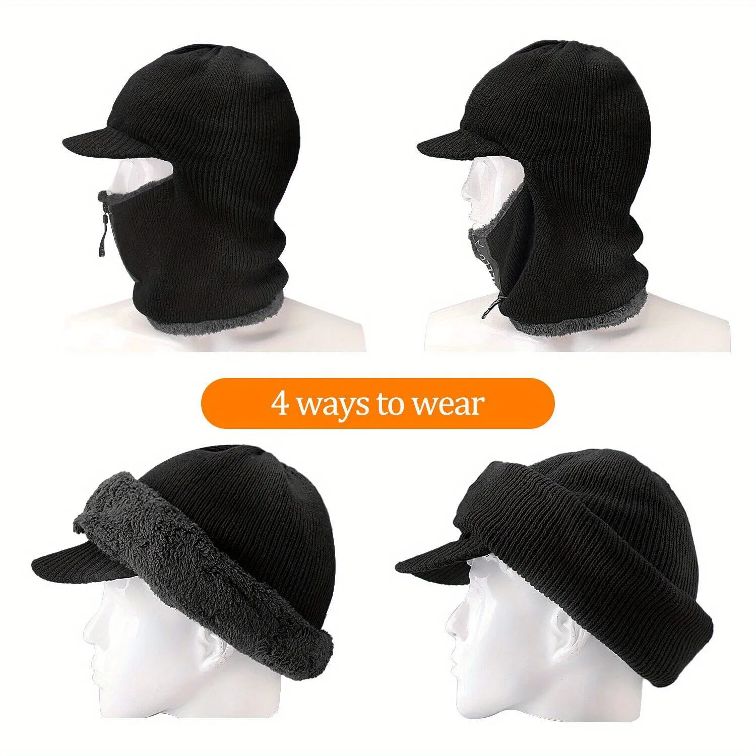 2 pieces Winter Hat Scarf Mask Set, Motorcycle Winter Warm Urine Cap with Thick and Cold Resistant Knitted Hat Wool Skiing Mask with Zipper Solid Color Motorcycle Bicycle Windproof Balaclava Men's and Women's Outdoor Cycling