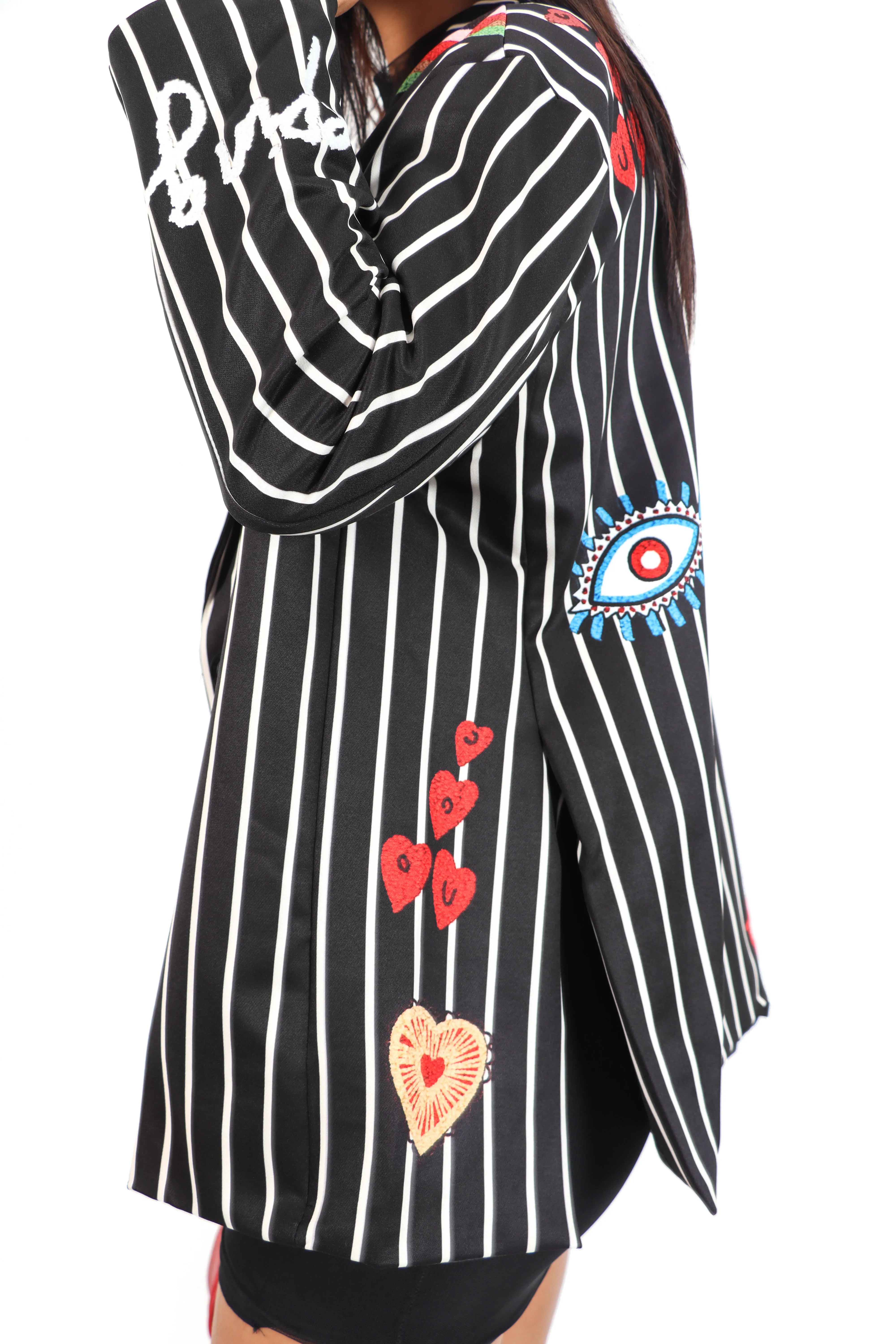 All Guns Blazing - Black White Stripe Graphic Print Blazer