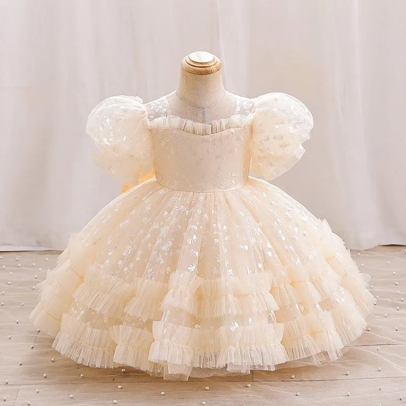 Baby Dress Christmas Party Puff Sleeve Butterfly Embroidery Fluffy Girls Princess Dress