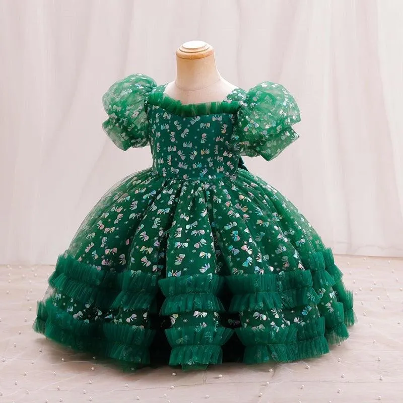 Baby Dress Christmas Party Puff Sleeve Butterfly Embroidery Fluffy Girls Princess Dress