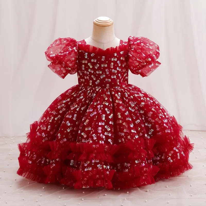 Baby Dress Christmas Party Puff Sleeve Butterfly Embroidery Fluffy Girls Princess Dress