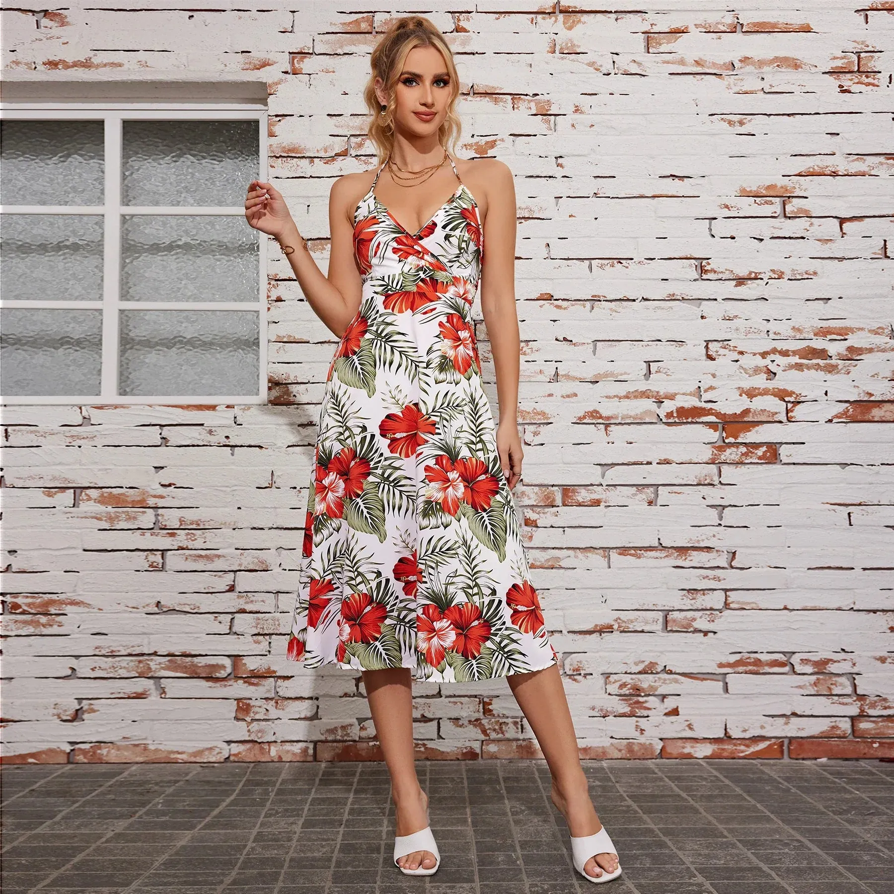 Backless Casual Strapless Vacation Split Long Halter Summer Printed Dress