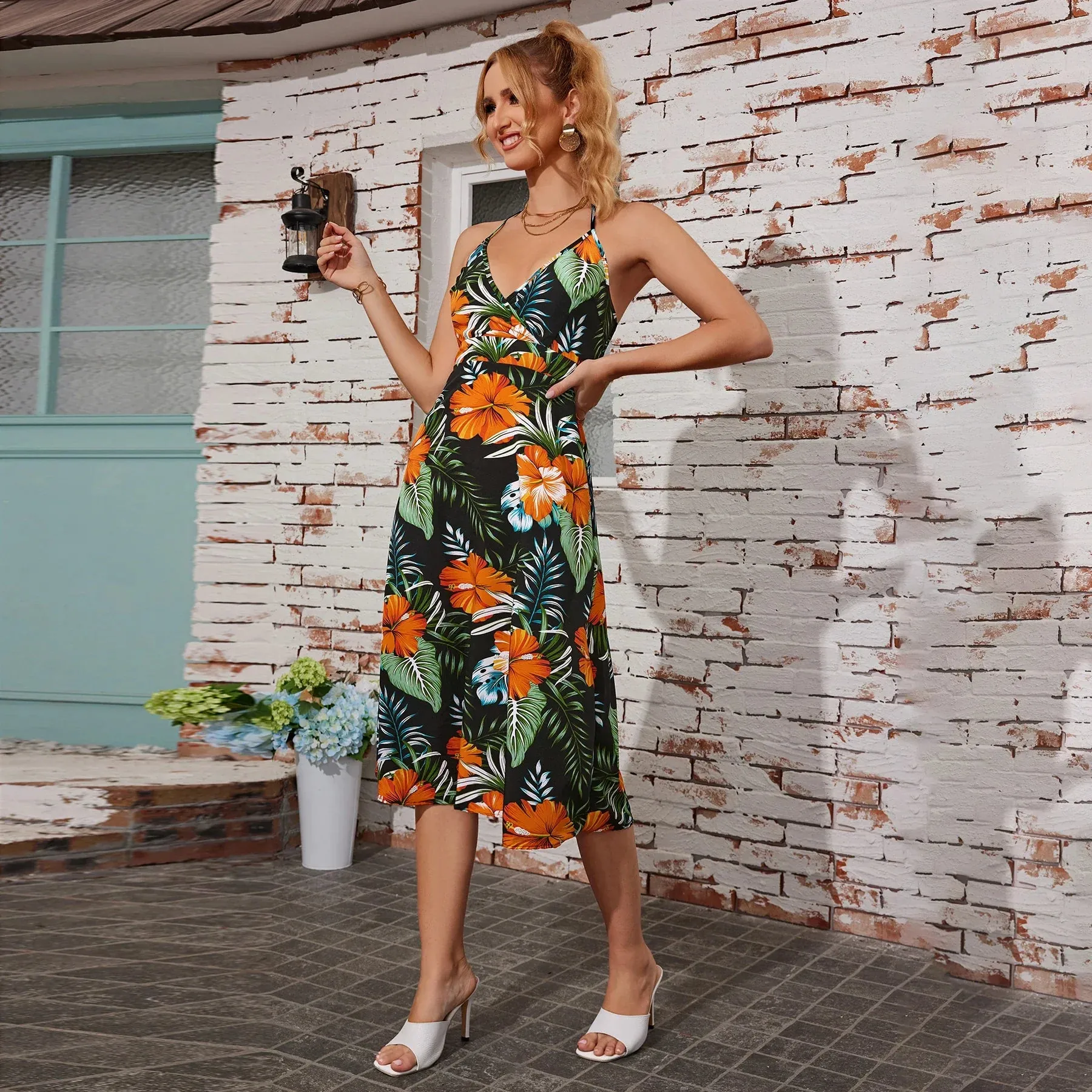 Backless Casual Strapless Vacation Split Long Halter Summer Printed Dress