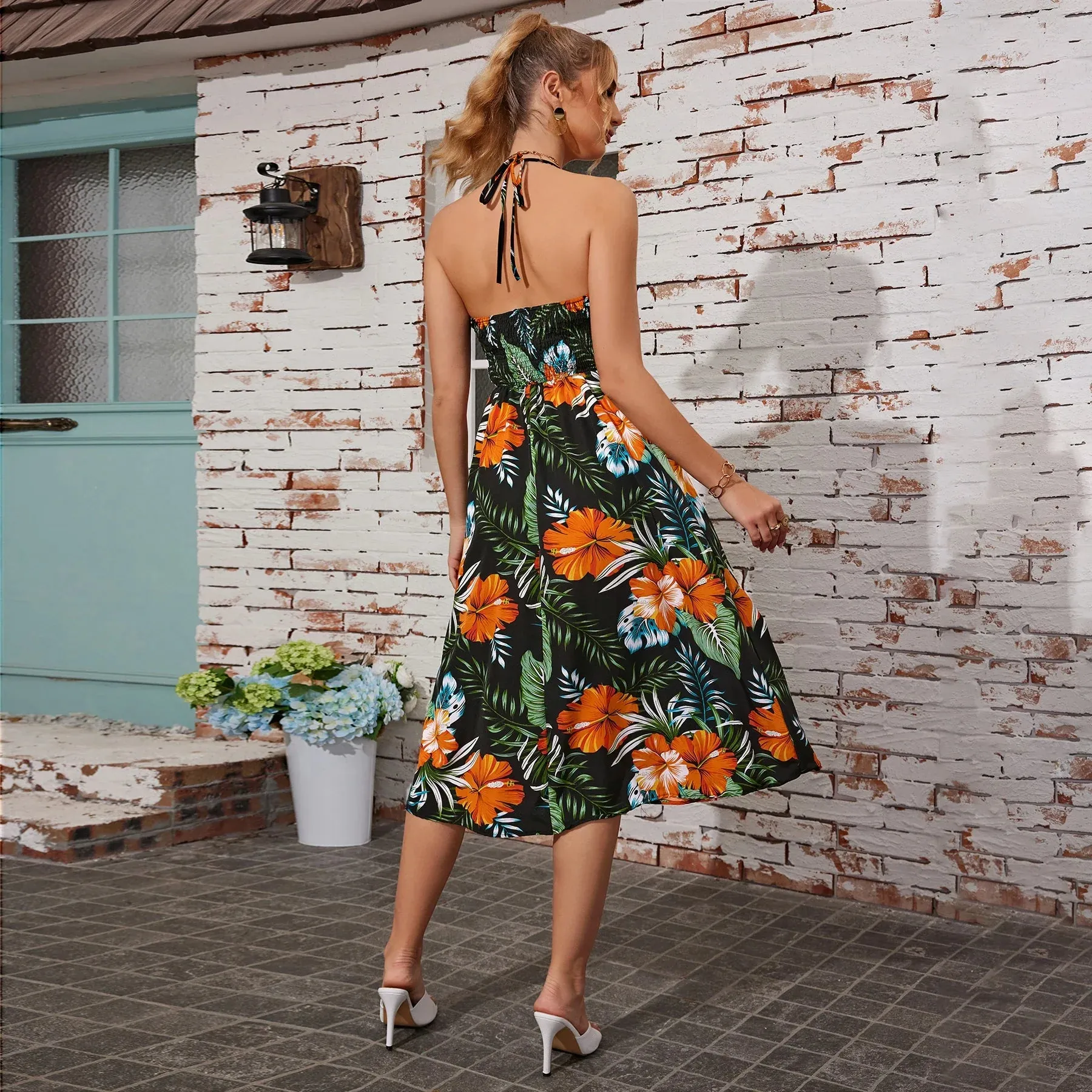 Backless Casual Strapless Vacation Split Long Halter Summer Printed Dress