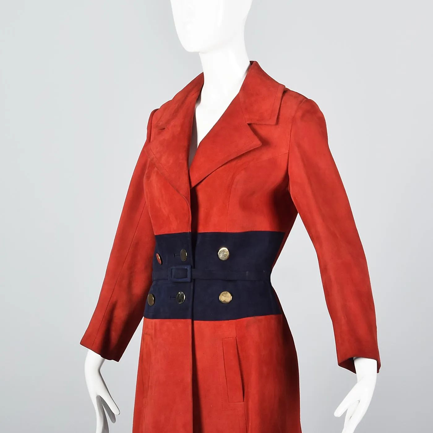 Bright Red Loewe Leather Trench Coat with Navy Blue Waist and Mod Gold Buttons