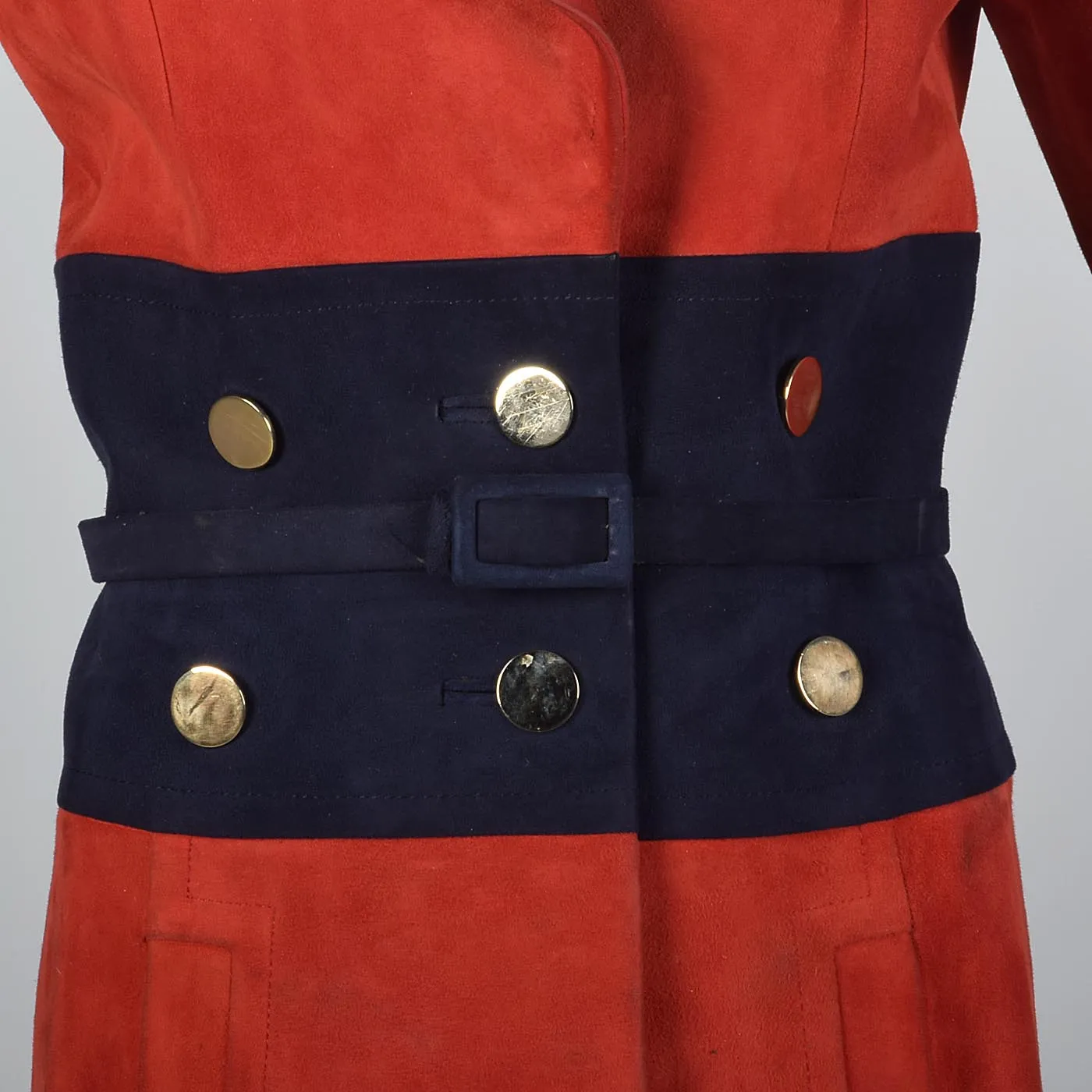 Bright Red Loewe Leather Trench Coat with Navy Blue Waist and Mod Gold Buttons