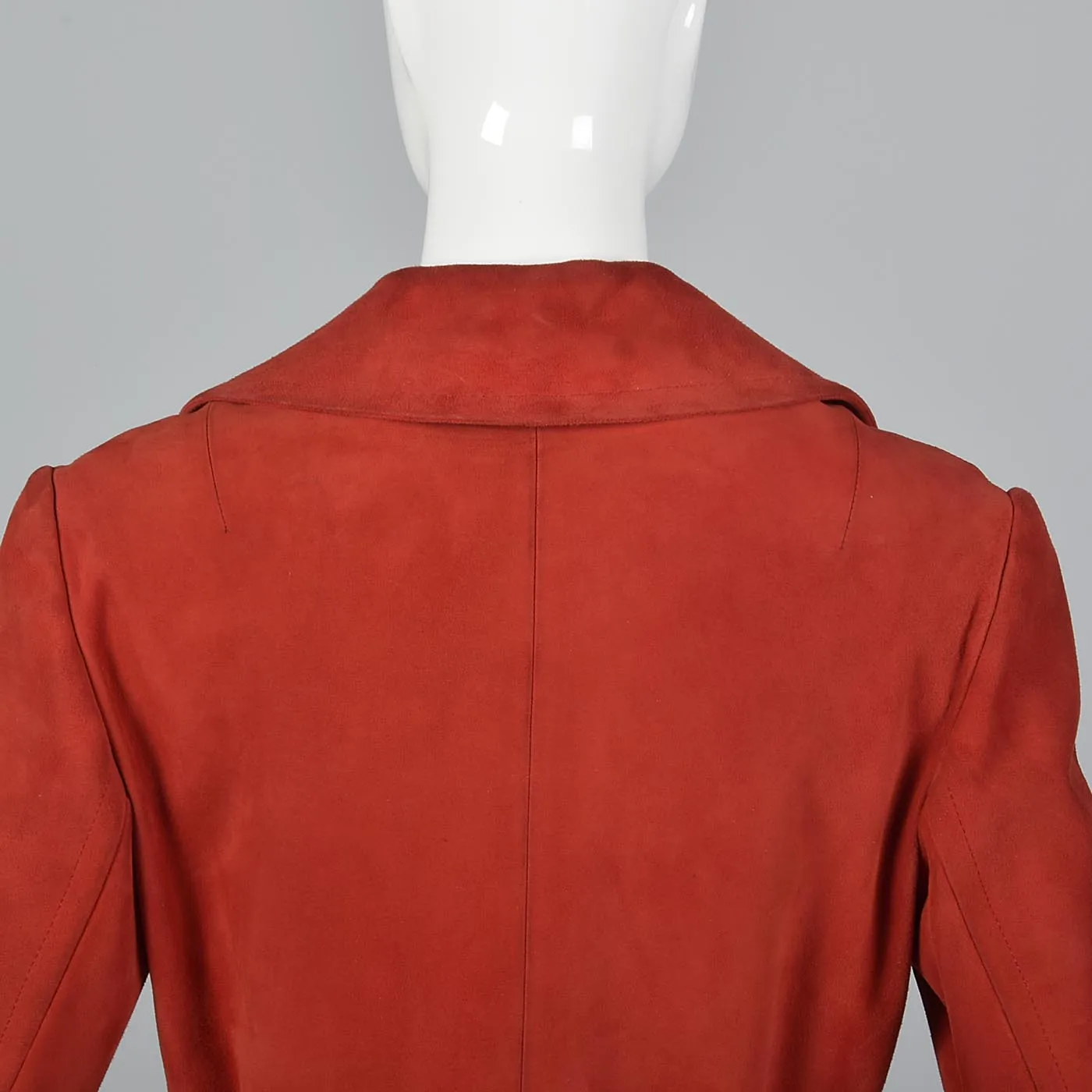 Bright Red Loewe Leather Trench Coat with Navy Blue Waist and Mod Gold Buttons