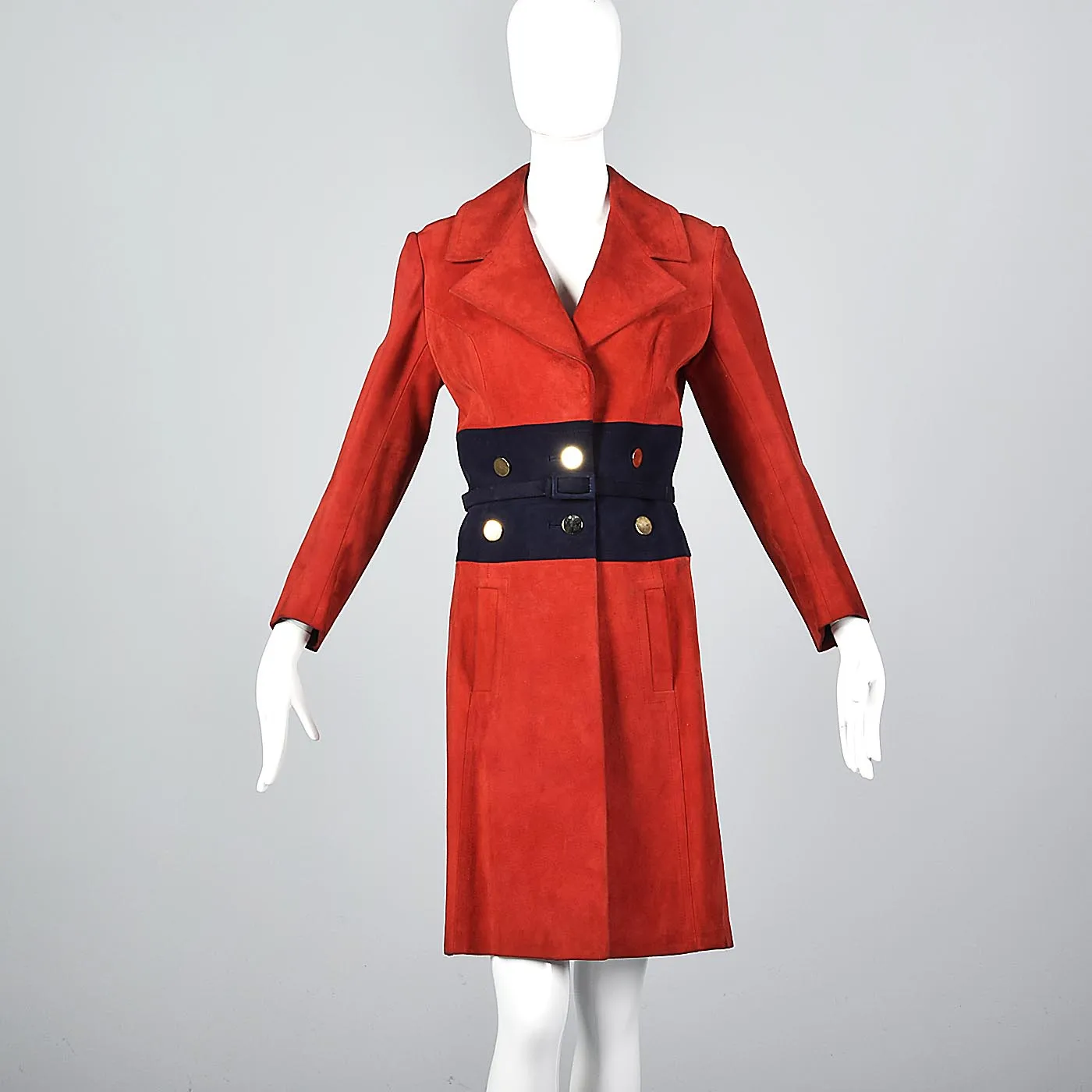 Bright Red Loewe Leather Trench Coat with Navy Blue Waist and Mod Gold Buttons