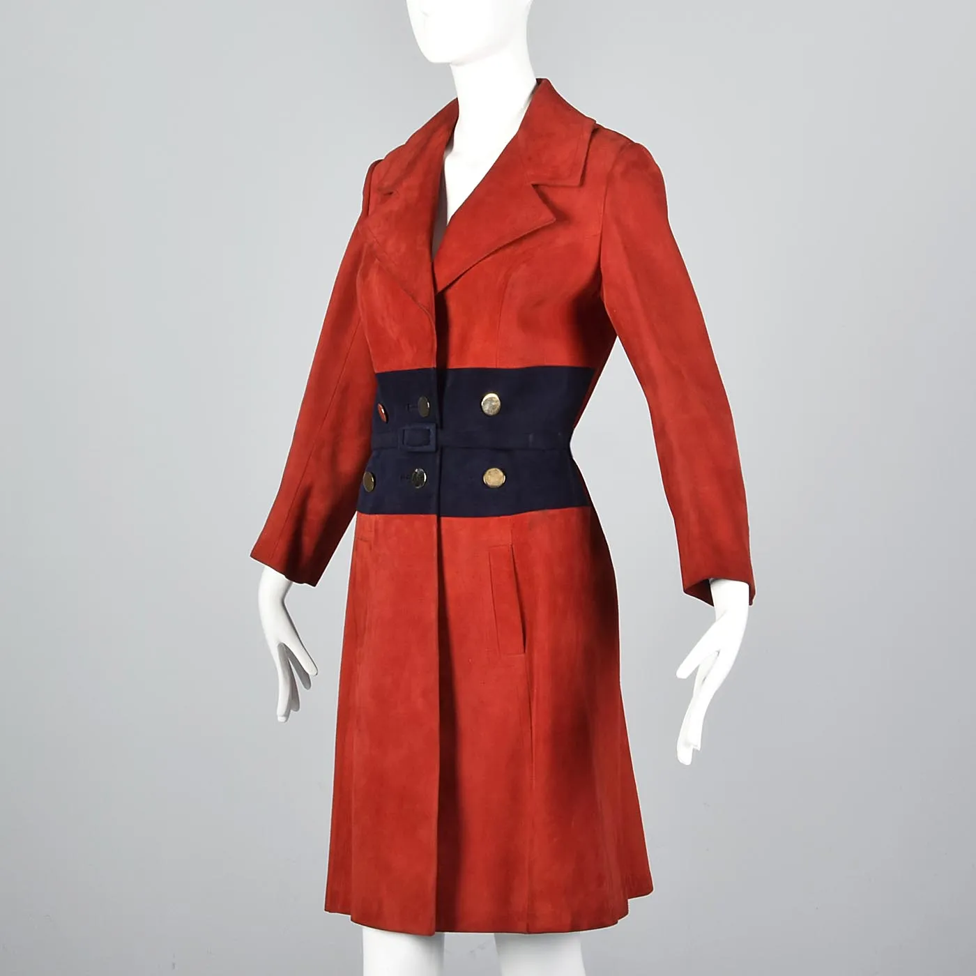 Bright Red Loewe Leather Trench Coat with Navy Blue Waist and Mod Gold Buttons