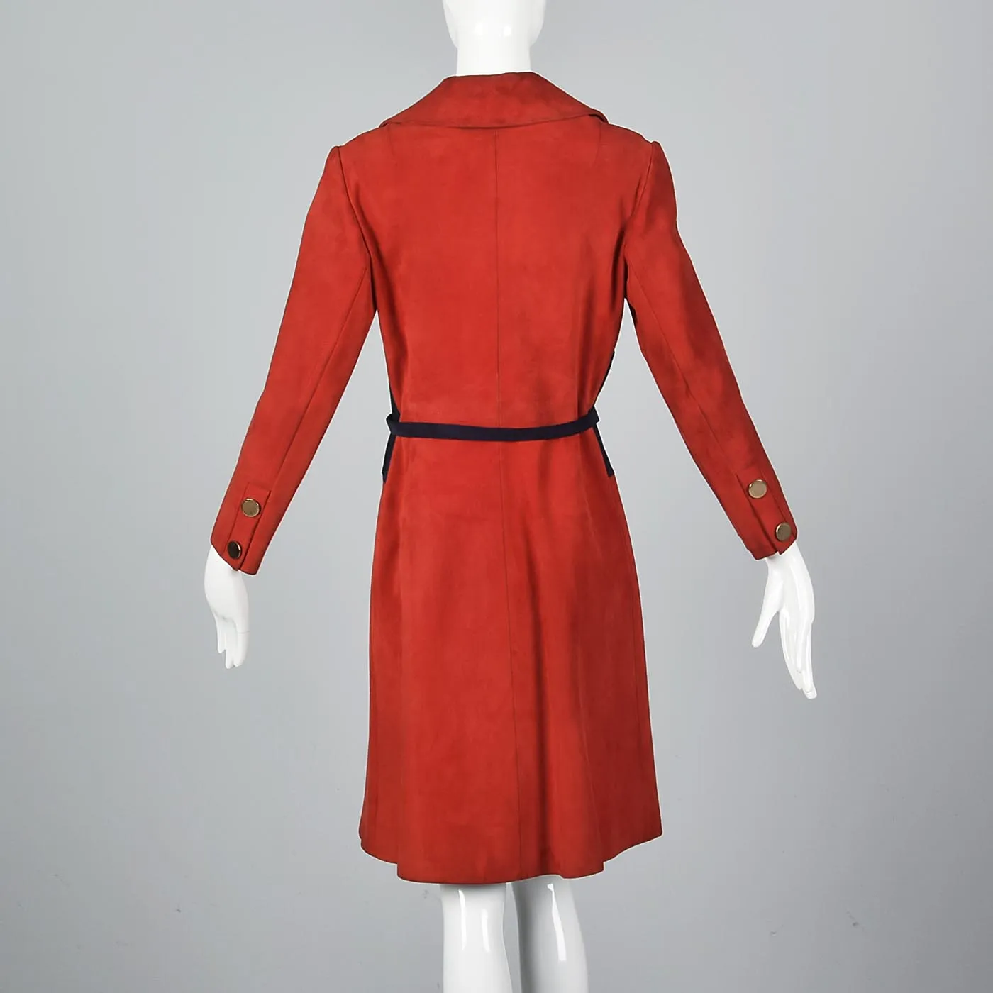 Bright Red Loewe Leather Trench Coat with Navy Blue Waist and Mod Gold Buttons