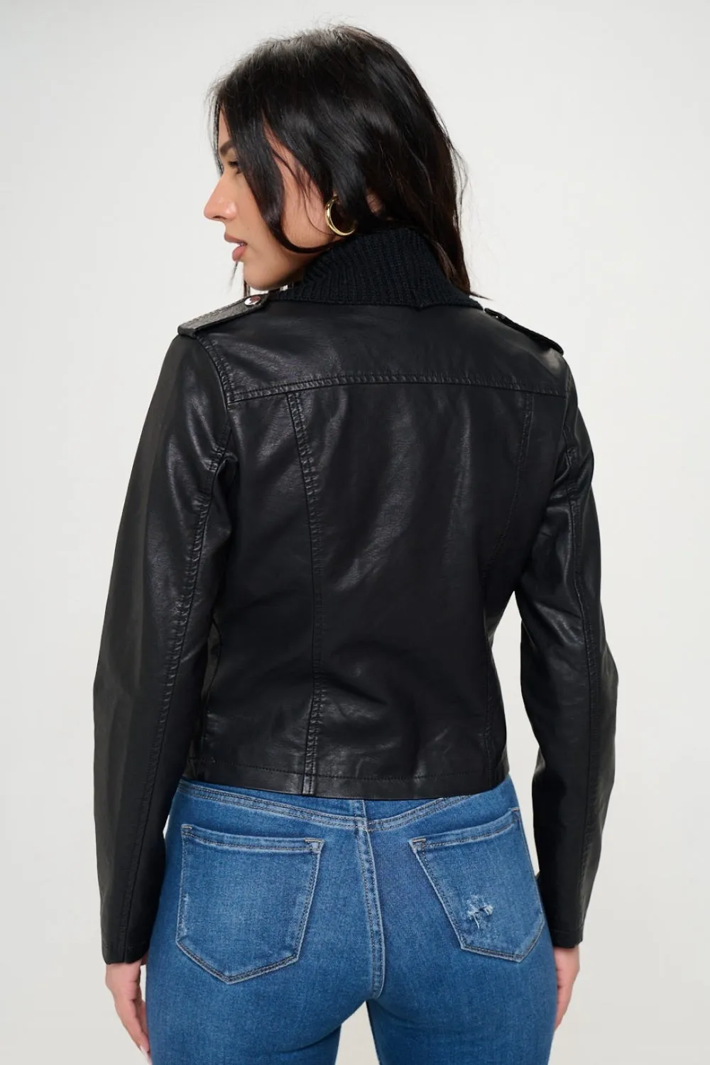 Coalition LA Black Knit Collared Vegan Leather Cropped Jacket