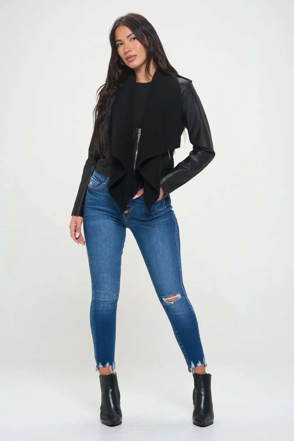 Coalition LA Black Knit Collared Vegan Leather Cropped Jacket