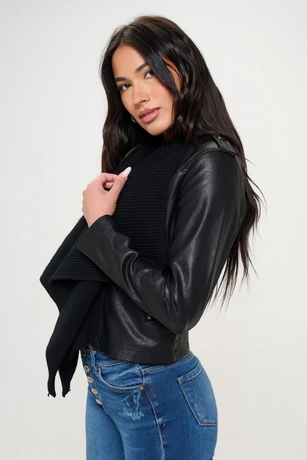 Coalition LA Black Knit Collared Vegan Leather Cropped Jacket