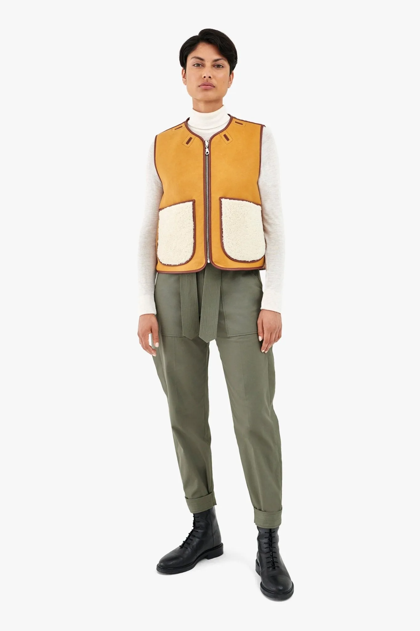 Cropped Aviator Shearling Vest - Tan / Natural
