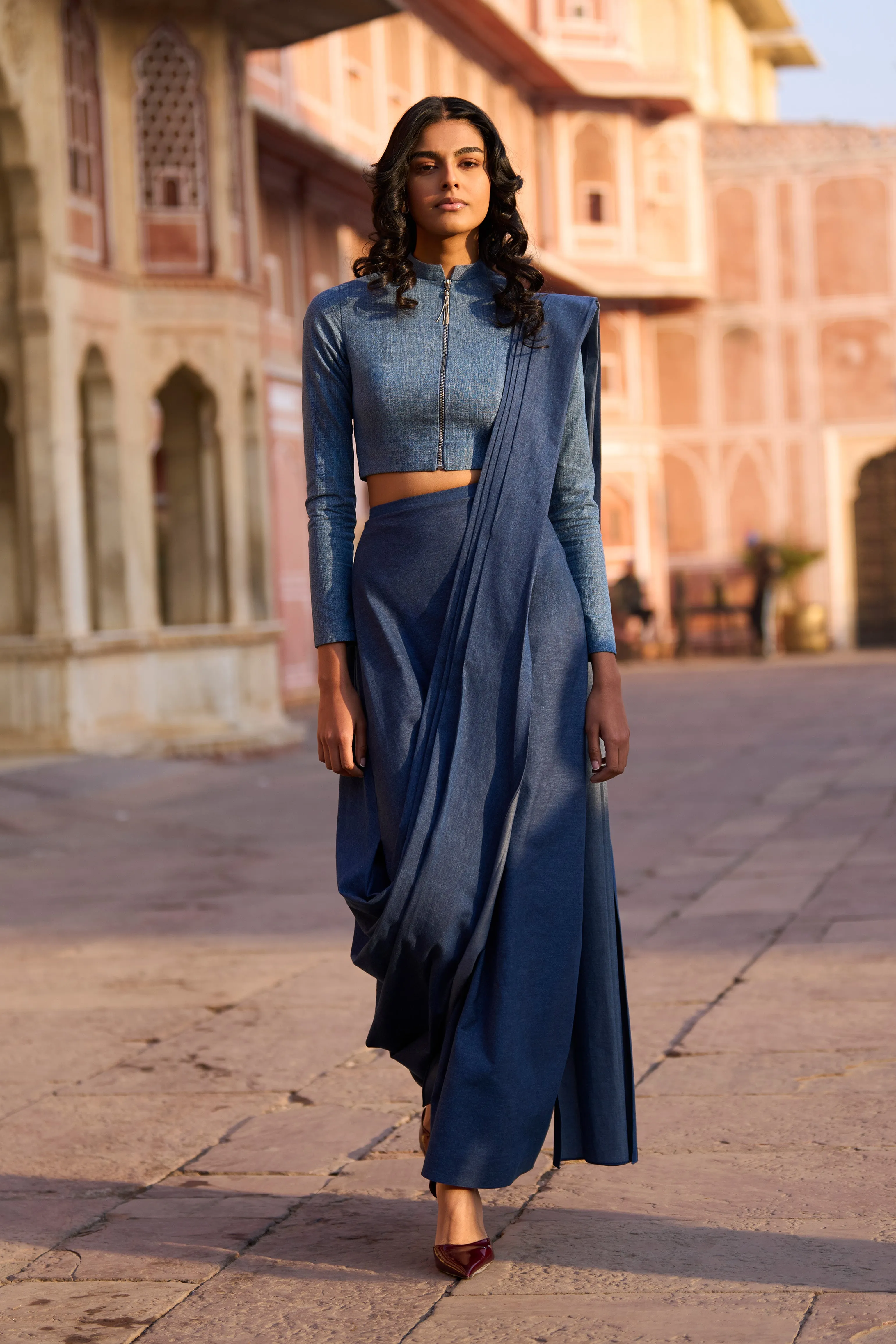 Denim Zip Shirt and Sari Skirt