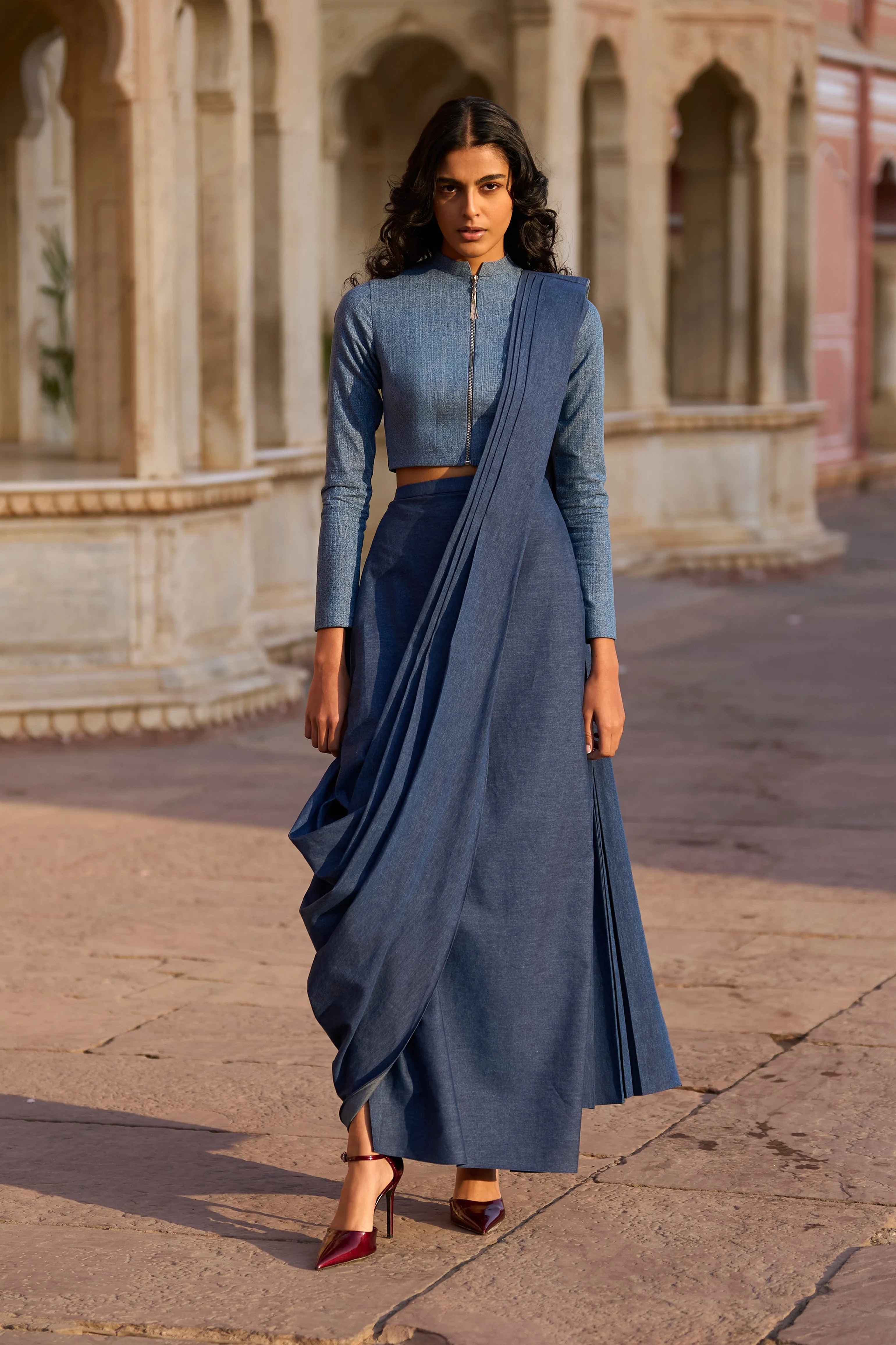 Denim Zip Shirt and Sari Skirt