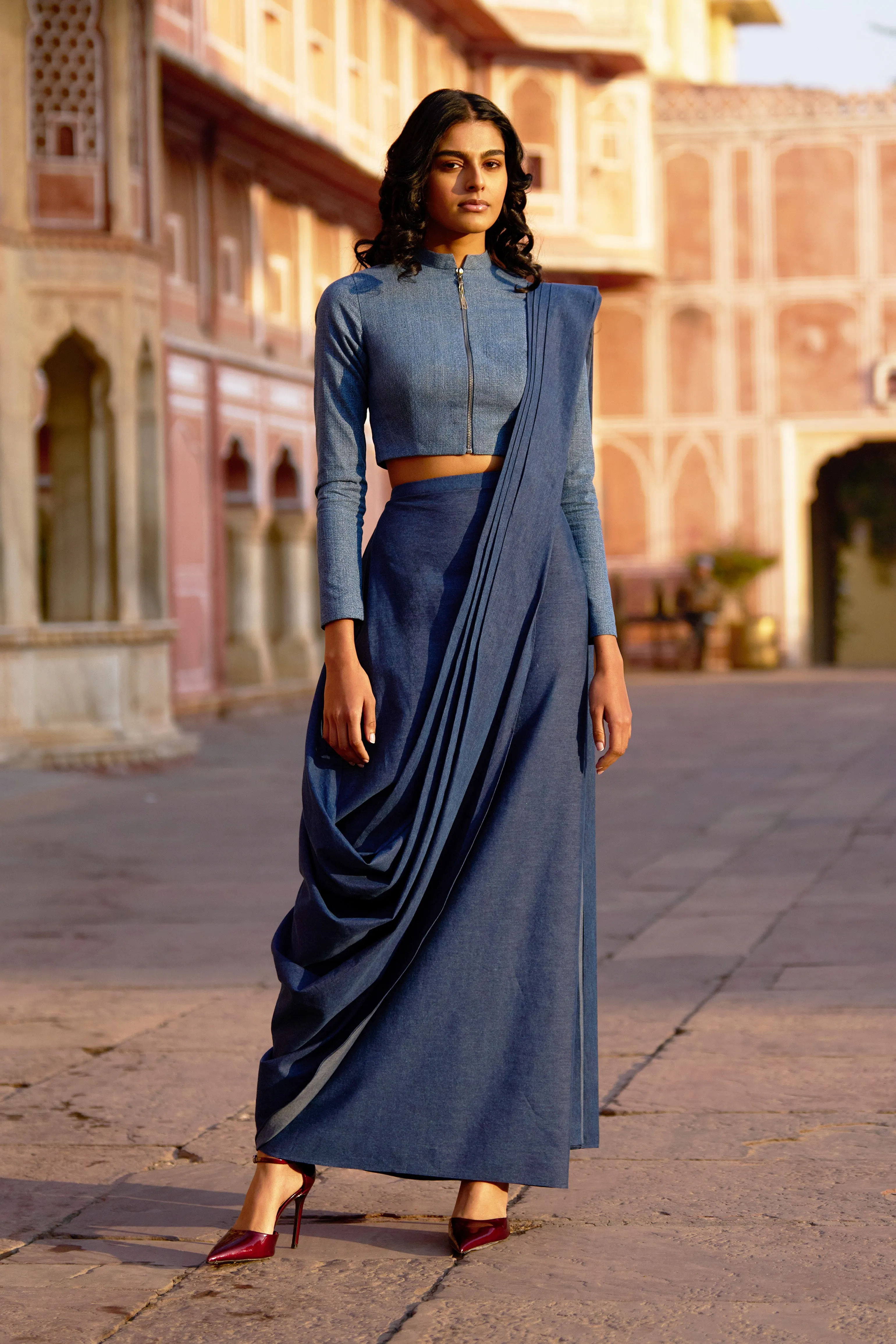 Denim Zip Shirt and Sari Skirt