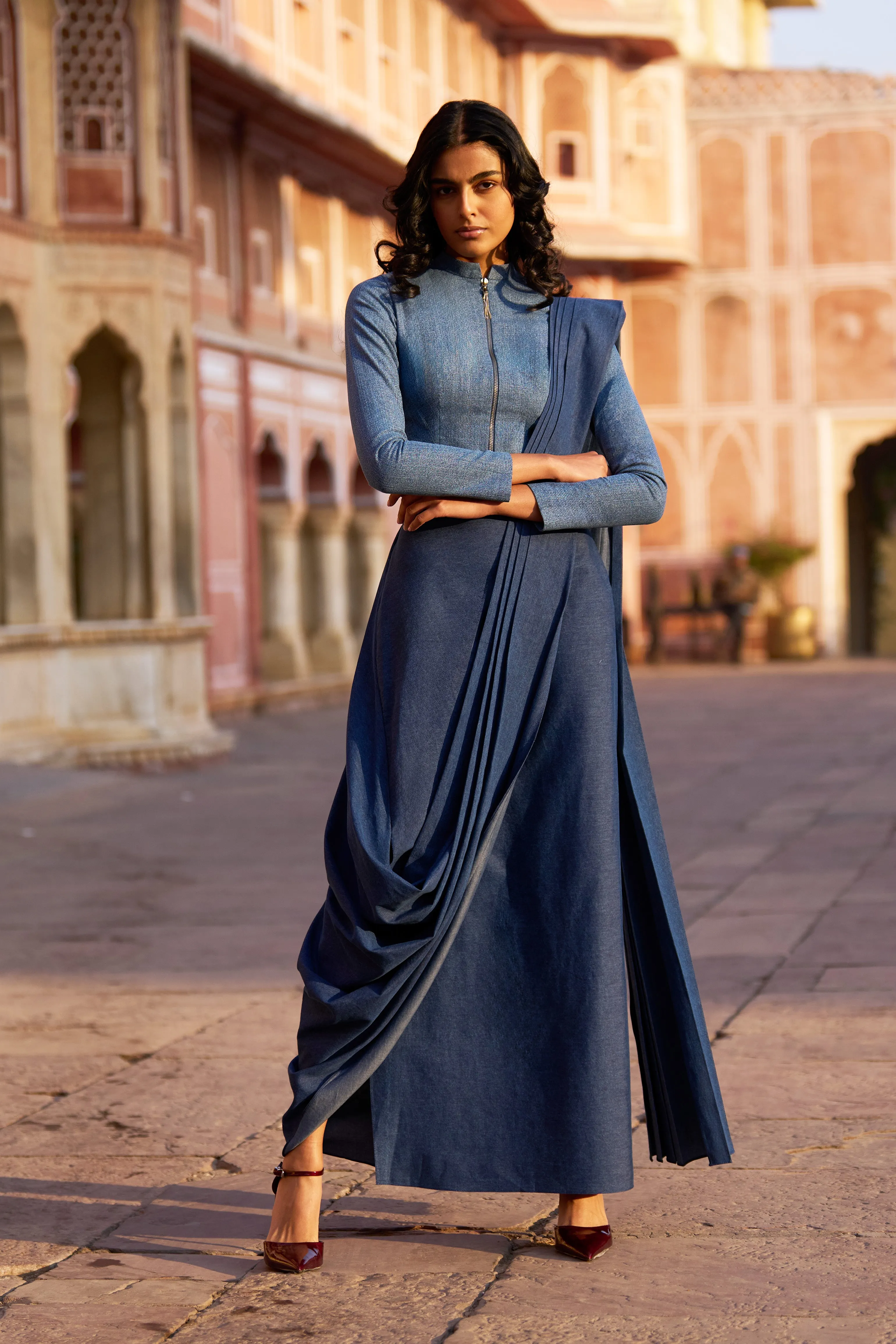 Denim Zip Shirt and Sari Skirt
