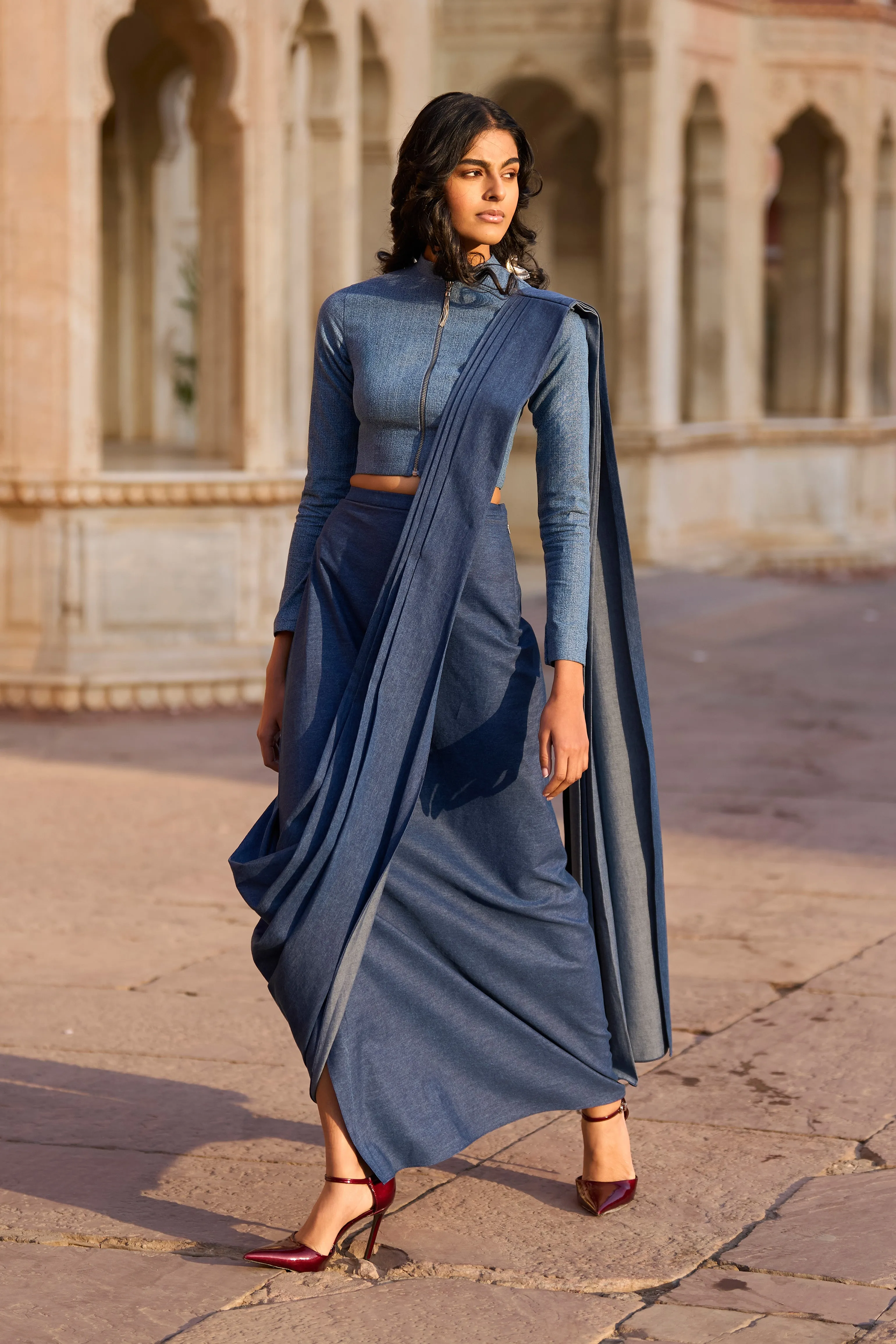 Denim Zip Shirt and Sari Skirt