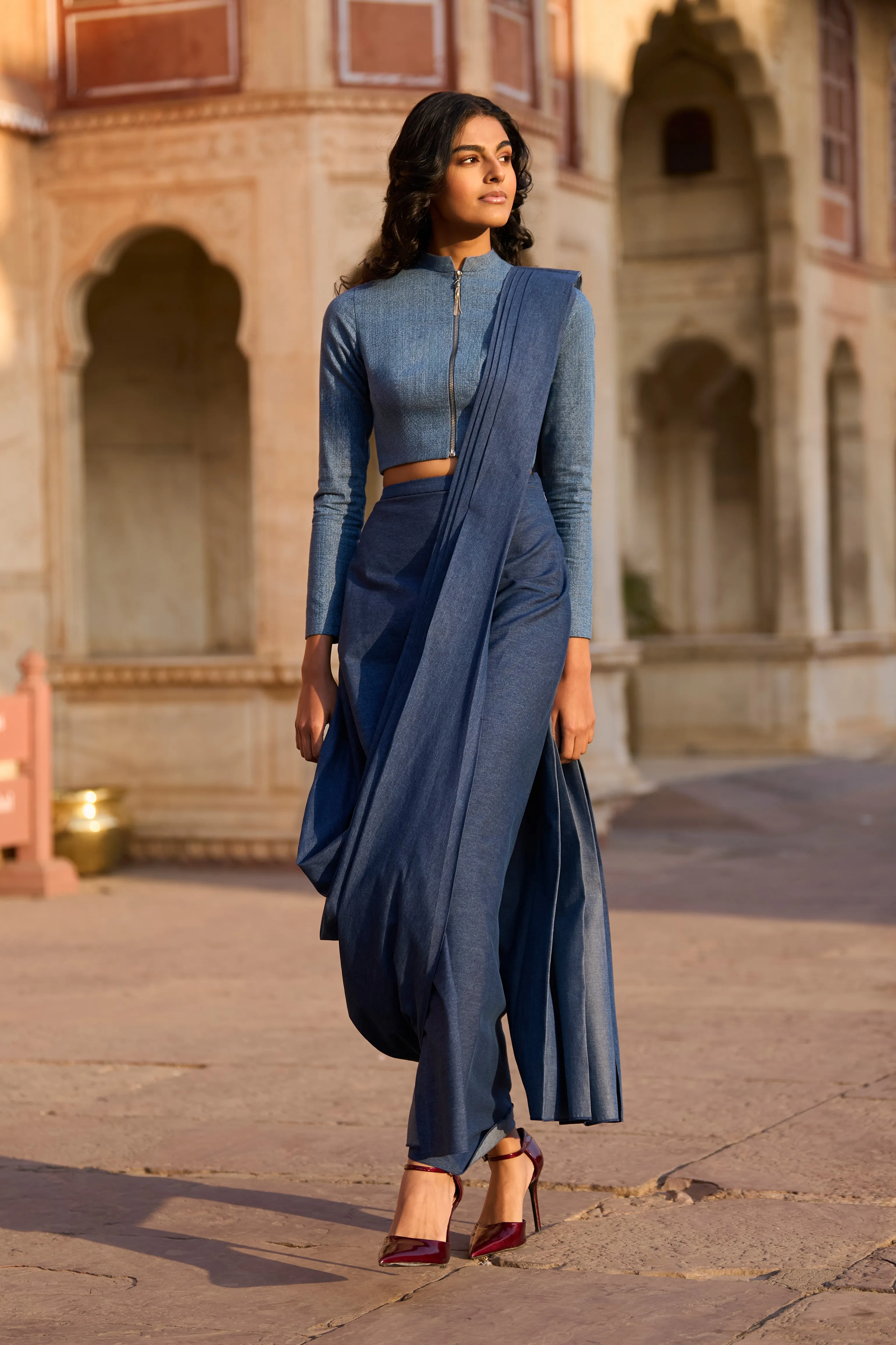 Denim Zip Shirt and Sari Skirt