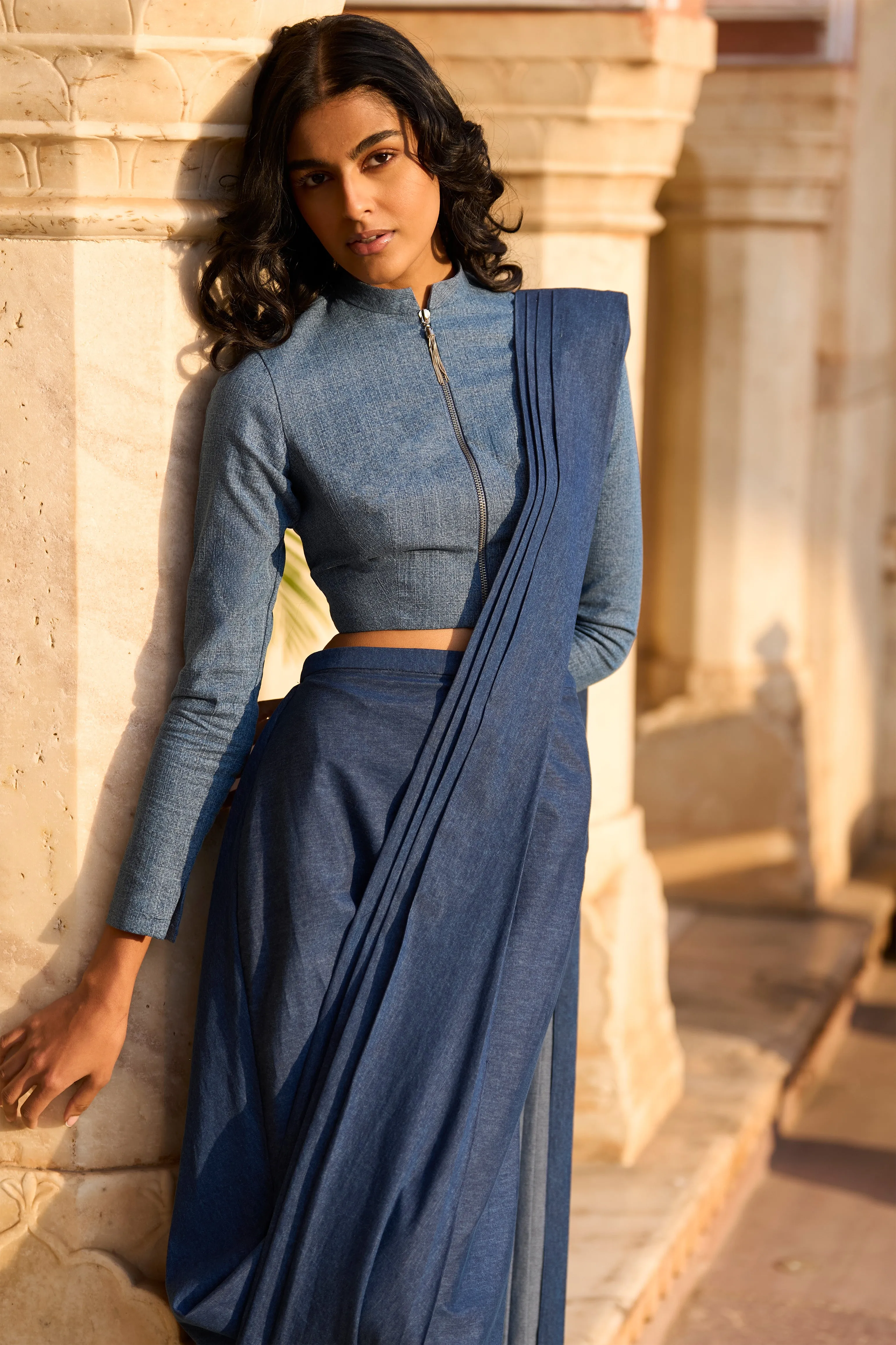 Denim Zip Shirt and Sari Skirt