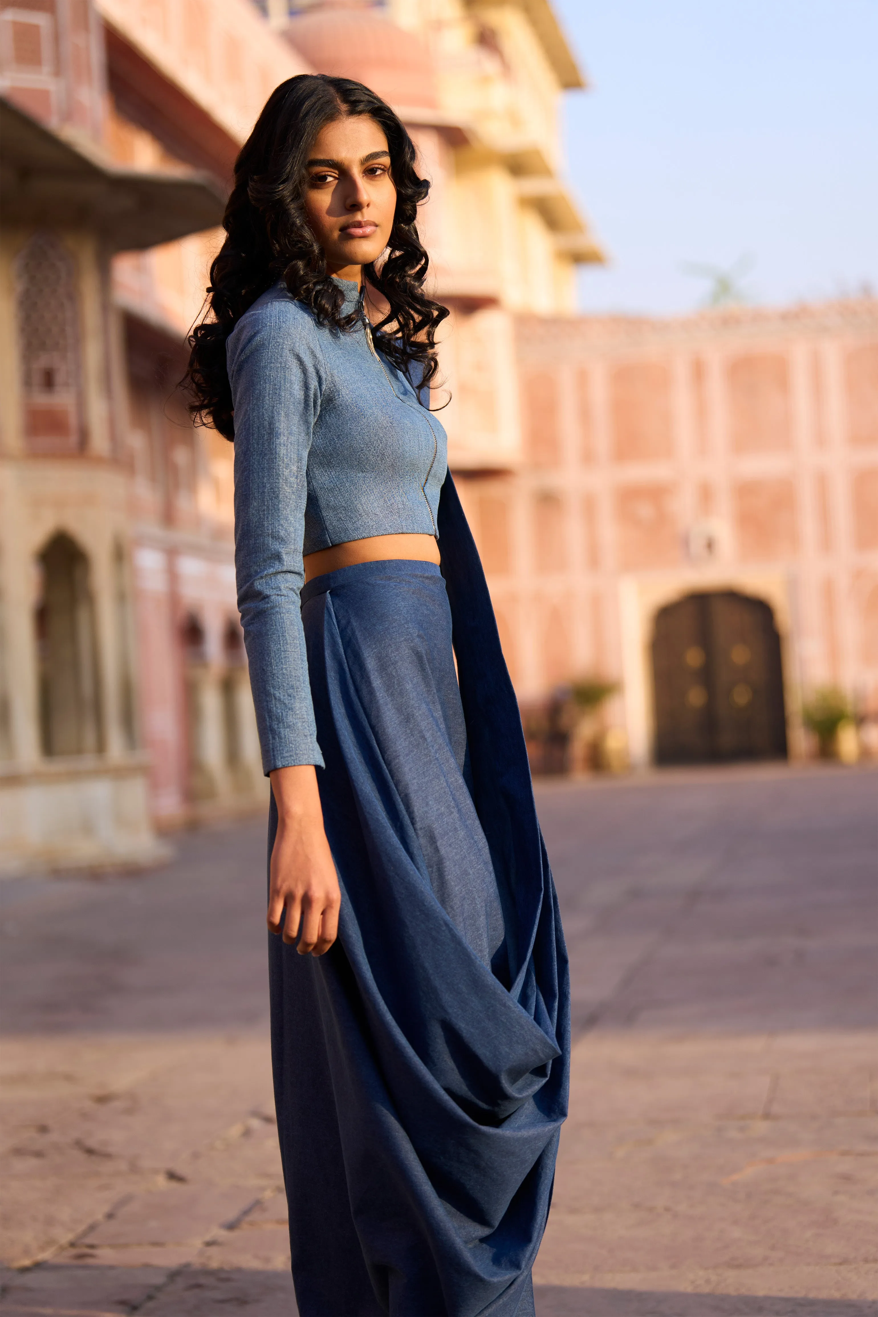 Denim Zip Shirt and Sari Skirt
