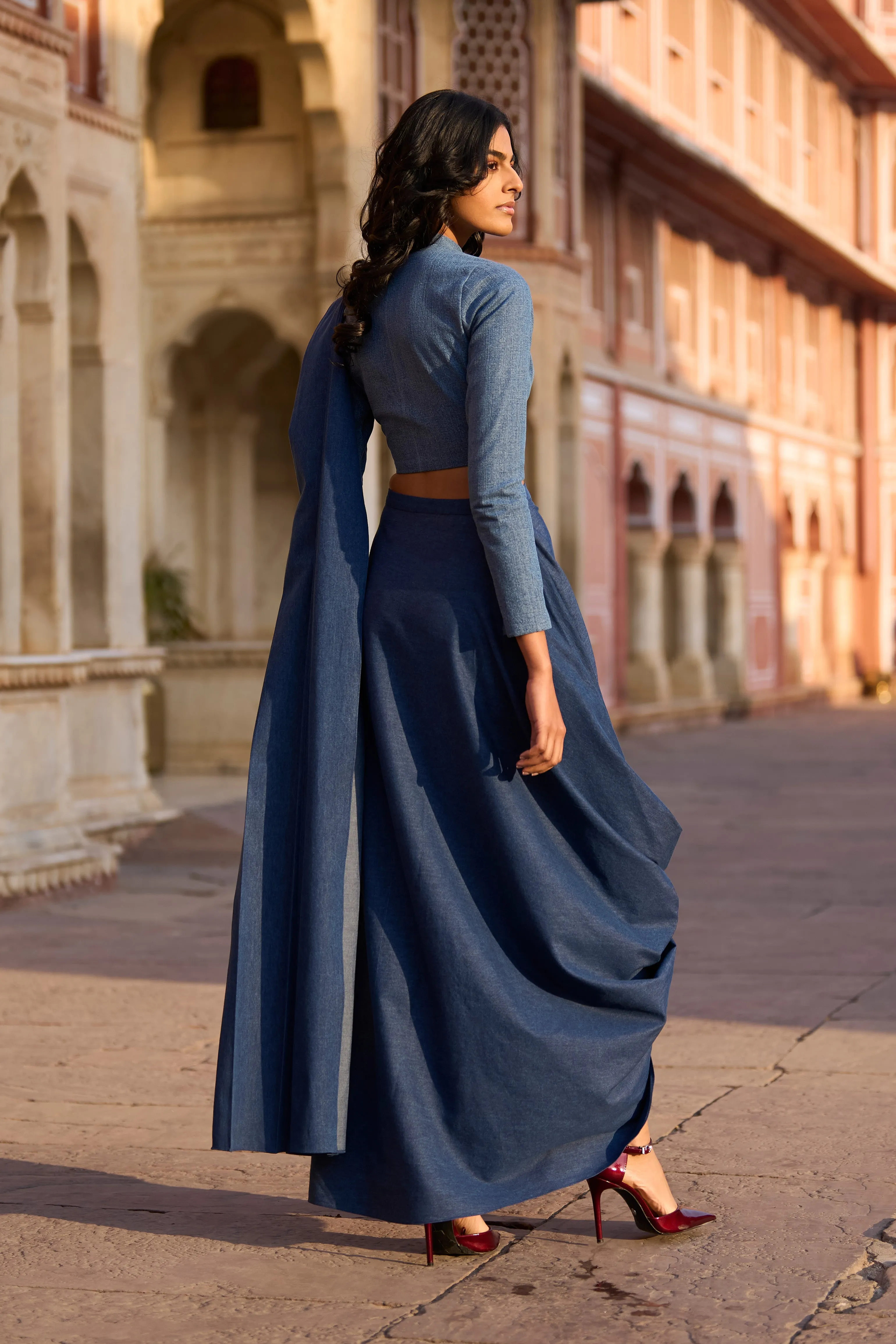 Denim Zip Shirt and Sari Skirt