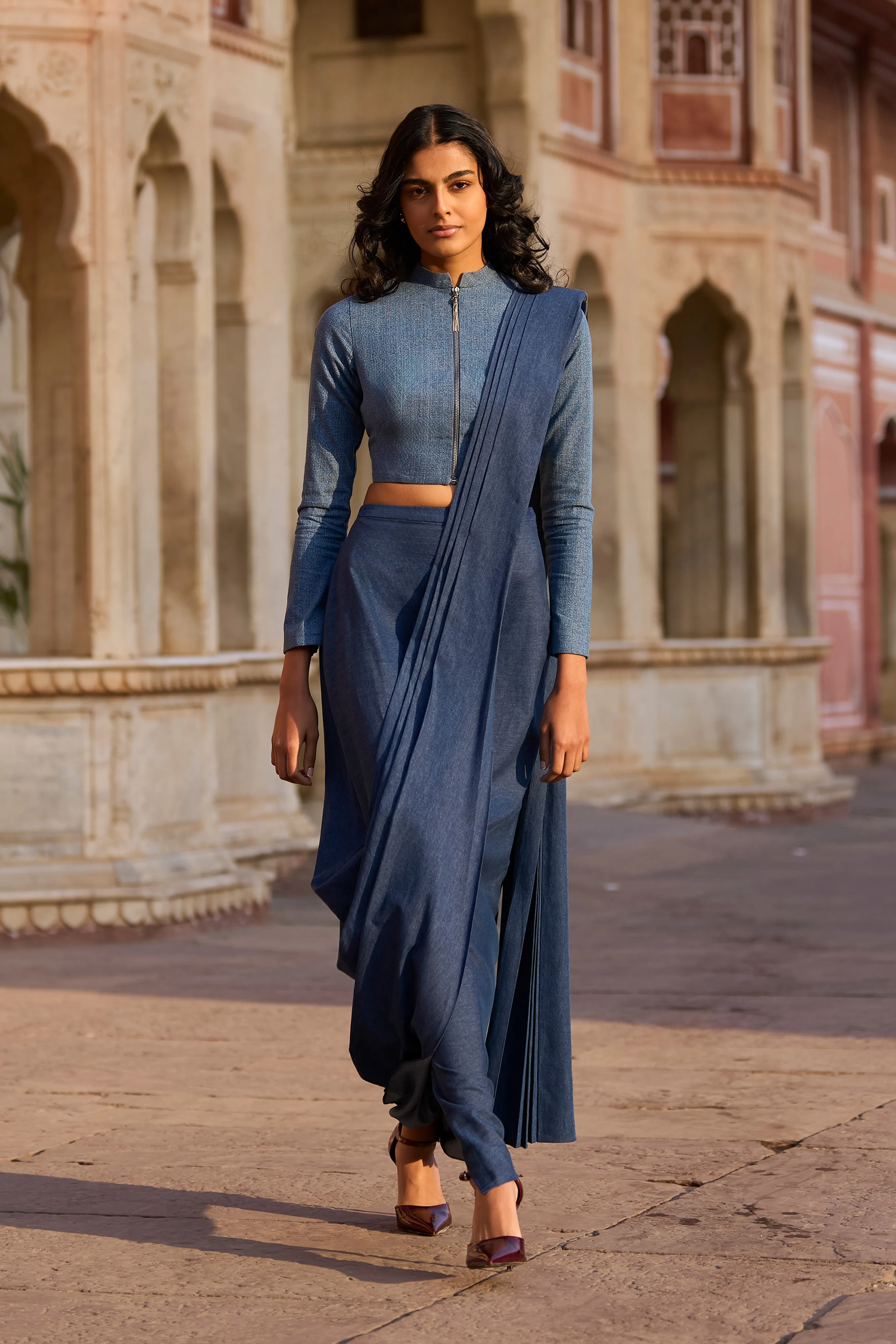 Denim Zip Shirt and Sari Skirt