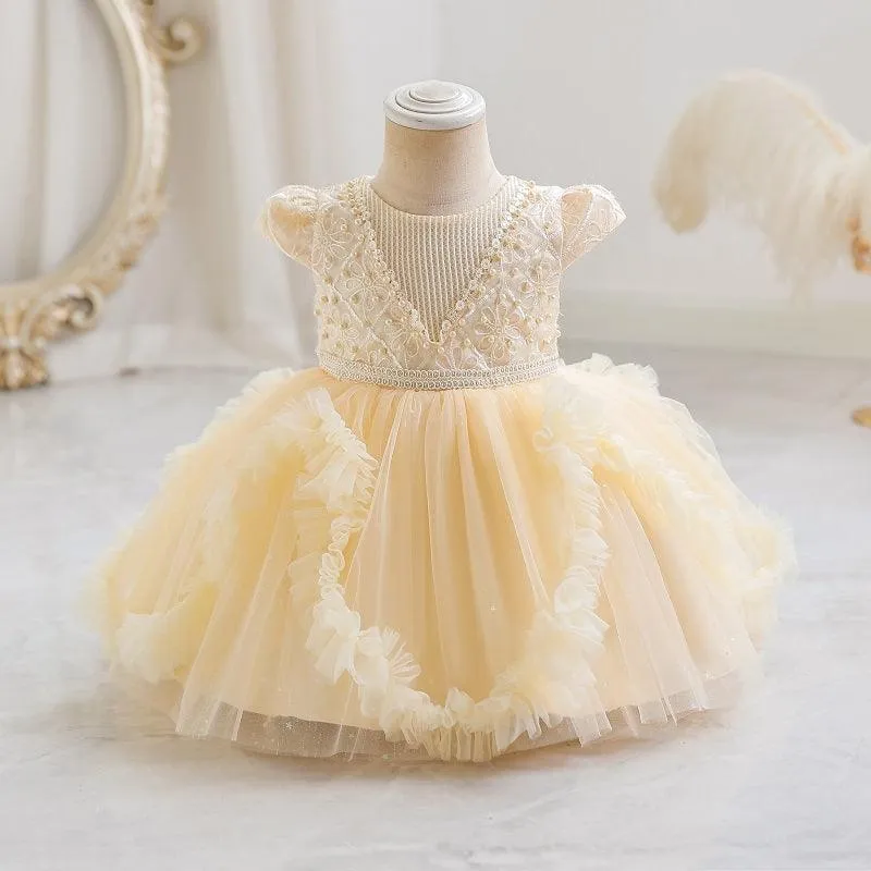 Fashionable Sleeveless Pearl Puffy Mesh Dress for Girls