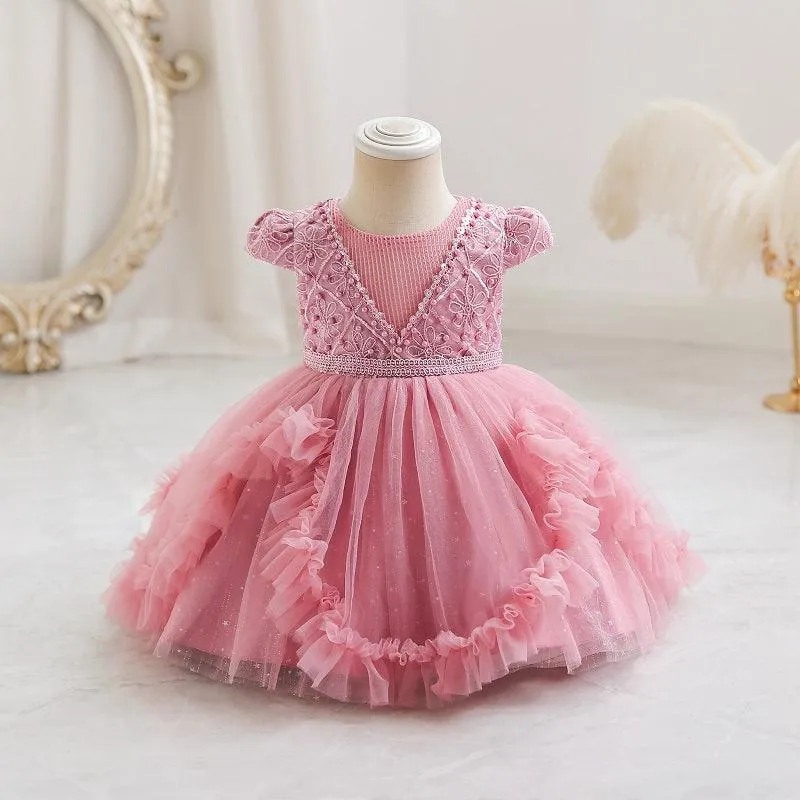 Fashionable Sleeveless Pearl Puffy Mesh Dress for Girls
