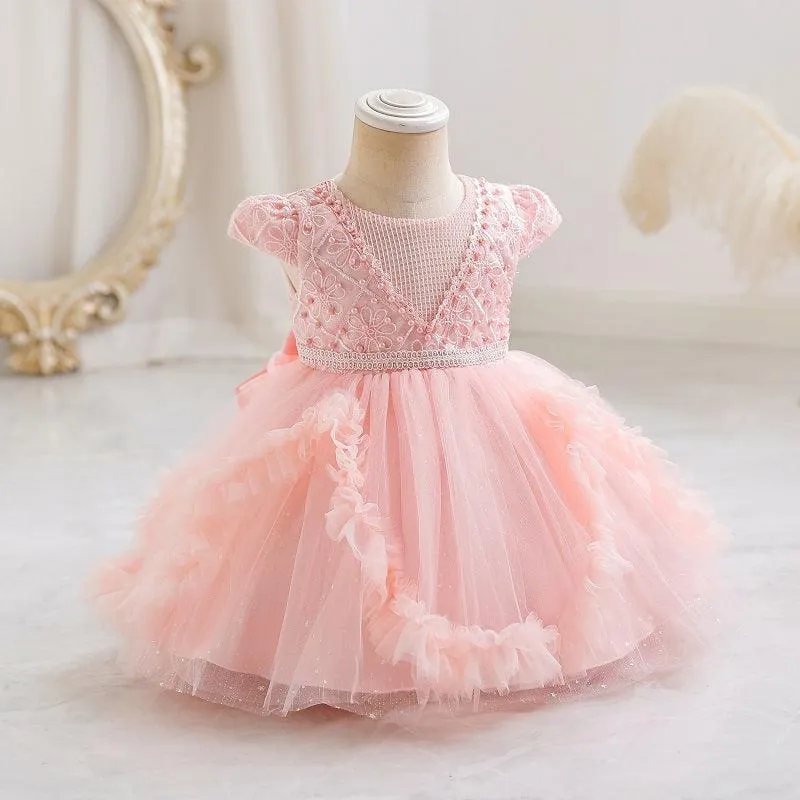 Fashionable Sleeveless Pearl Puffy Mesh Dress for Girls