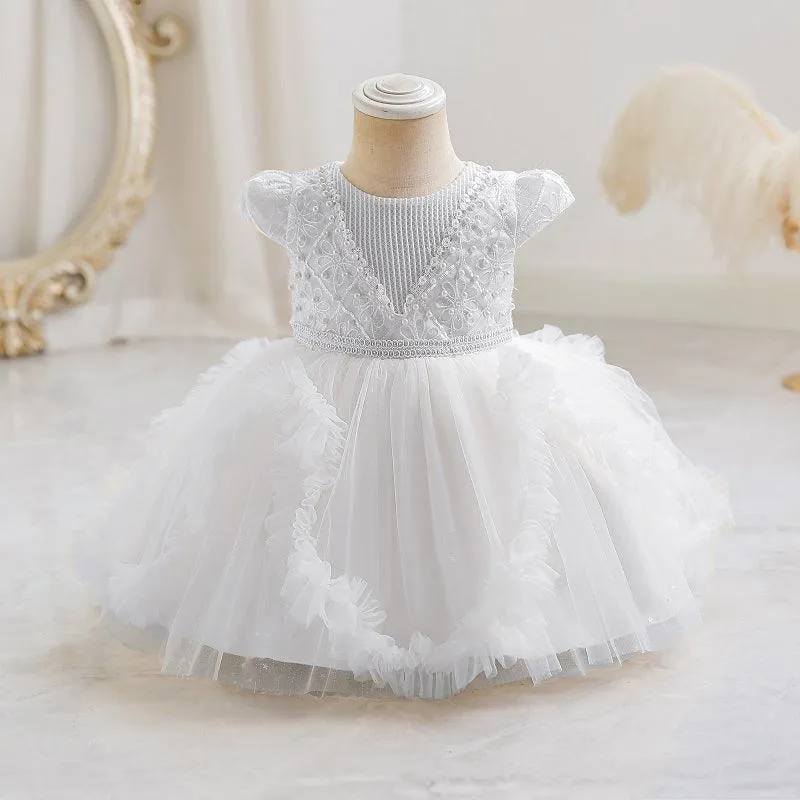 Fashionable Sleeveless Pearl Puffy Mesh Dress for Girls