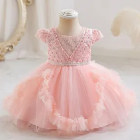 Fashionable Sleeveless Pearl Puffy Mesh Dress for Girls
