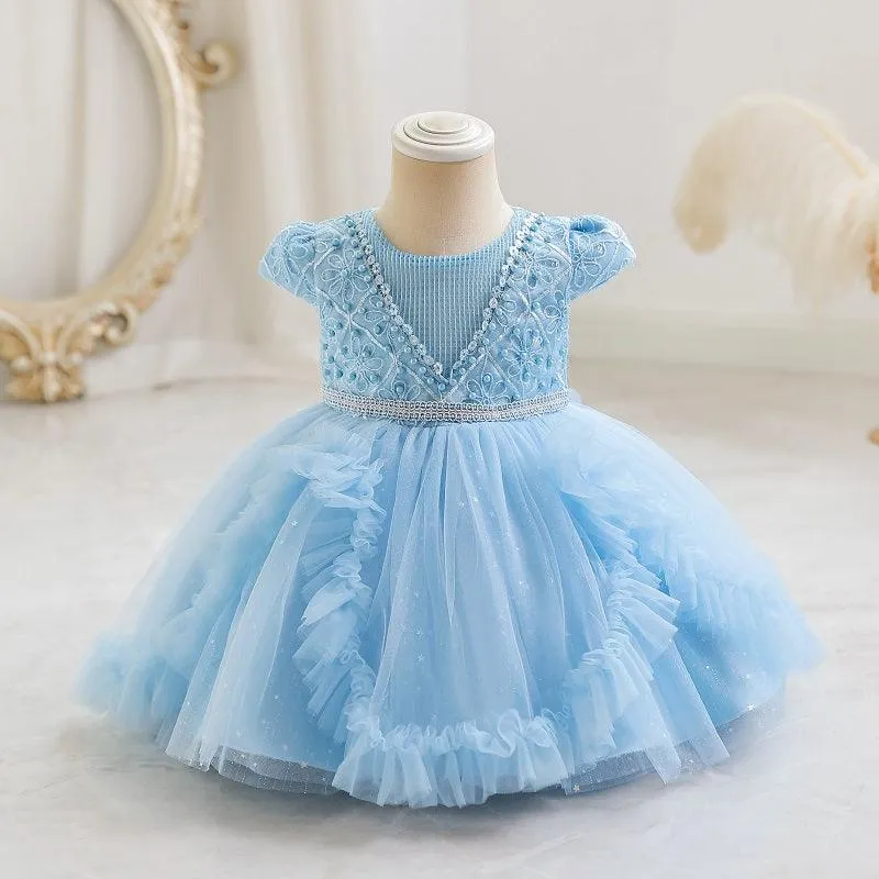 Fashionable Sleeveless Pearl Puffy Mesh Dress for Girls