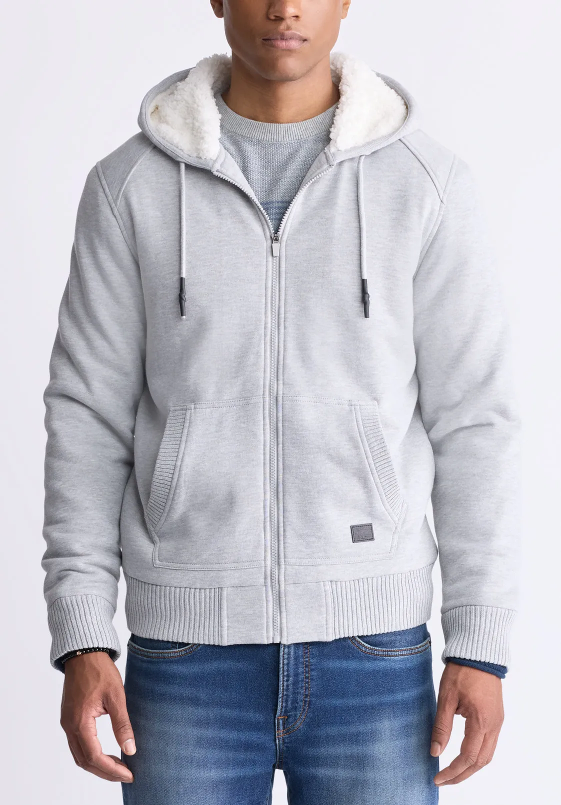 Fasox Men's Zip-Up Hooded Jacket with Sherpa Lining, Light Heather Grey - BM24463