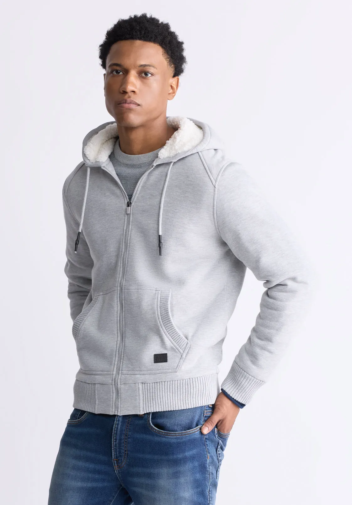 Fasox Men's Zip-Up Hooded Jacket with Sherpa Lining, Light Heather Grey - BM24463