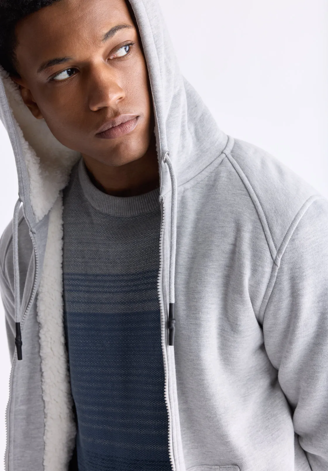 Fasox Men's Zip-Up Hooded Jacket with Sherpa Lining, Light Heather Grey - BM24463
