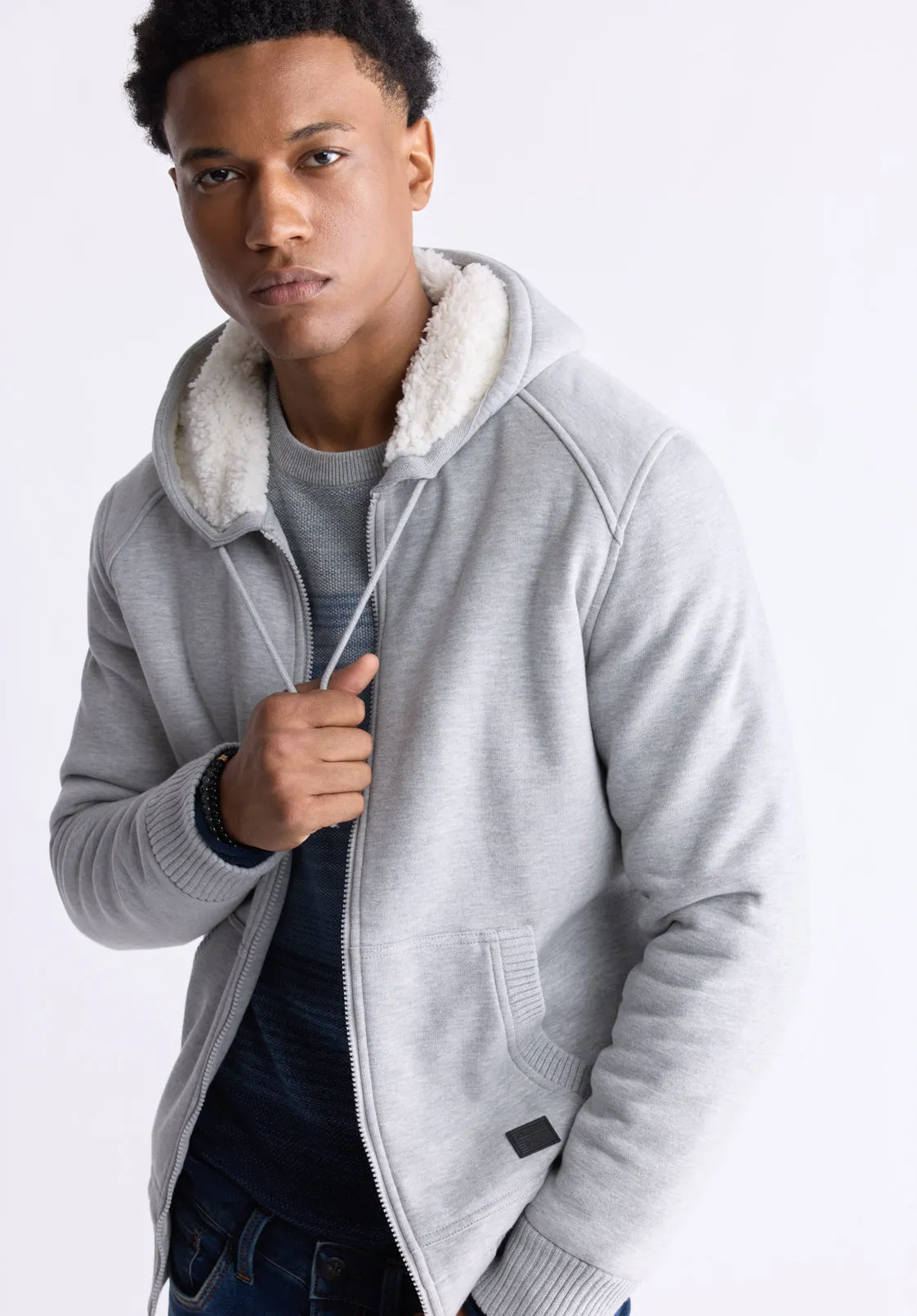 Fasox Men's Zip-Up Hooded Jacket with Sherpa Lining, Light Heather Grey - BM24463