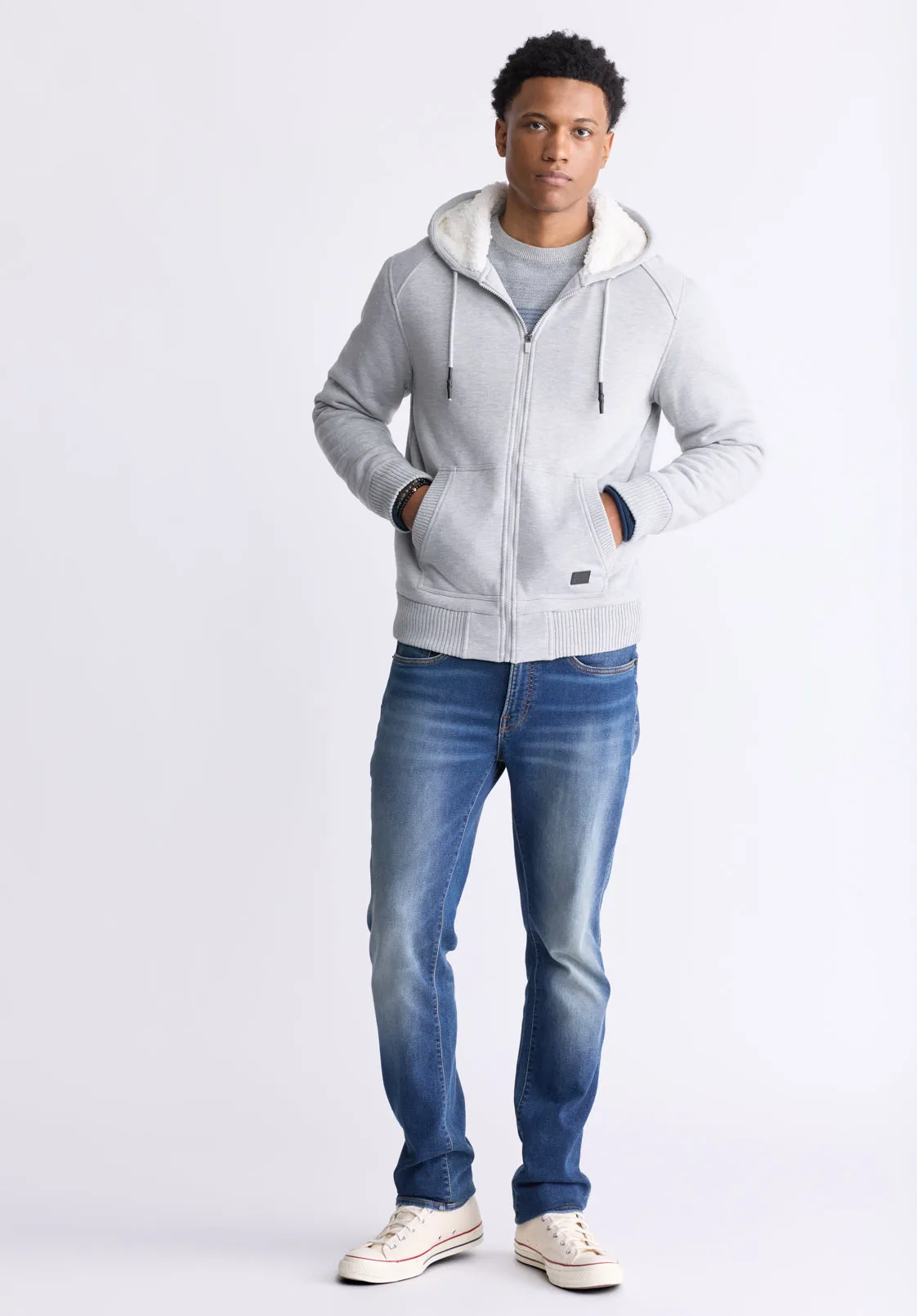 Fasox Men's Zip-Up Hooded Jacket with Sherpa Lining, Light Heather Grey - BM24463