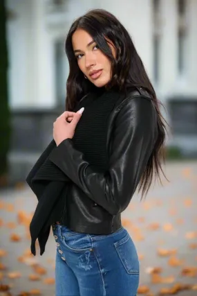 Faux-Leather Jacket with Knit Collar