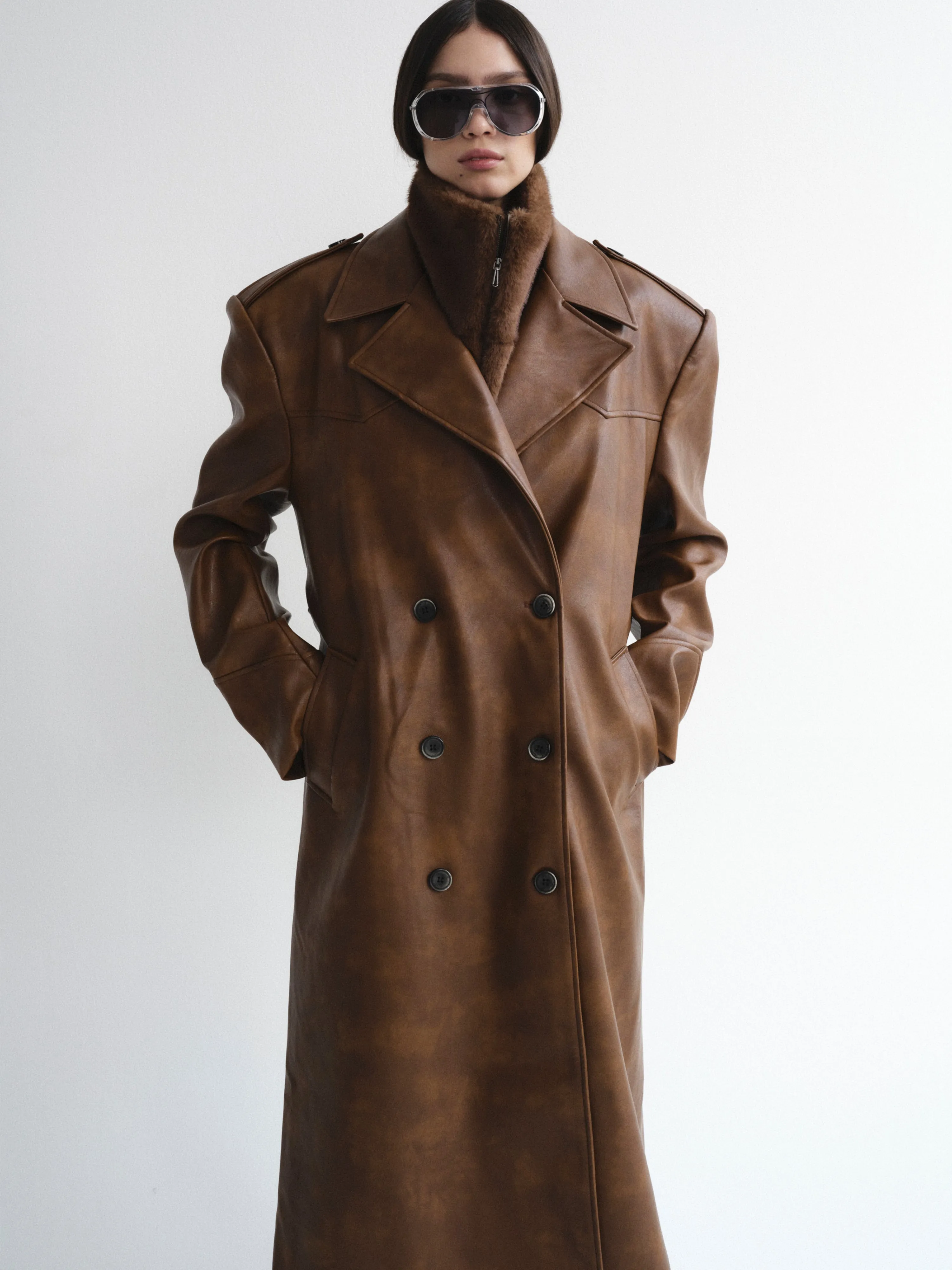 Faux-Leather Trench Coat, Tawny