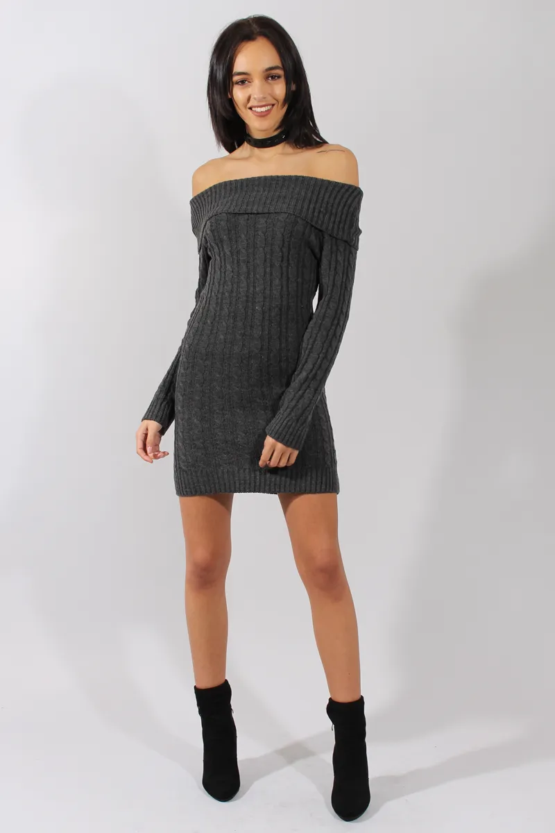 Grey Bardot Cable Knit Jumper Dress - Peeta