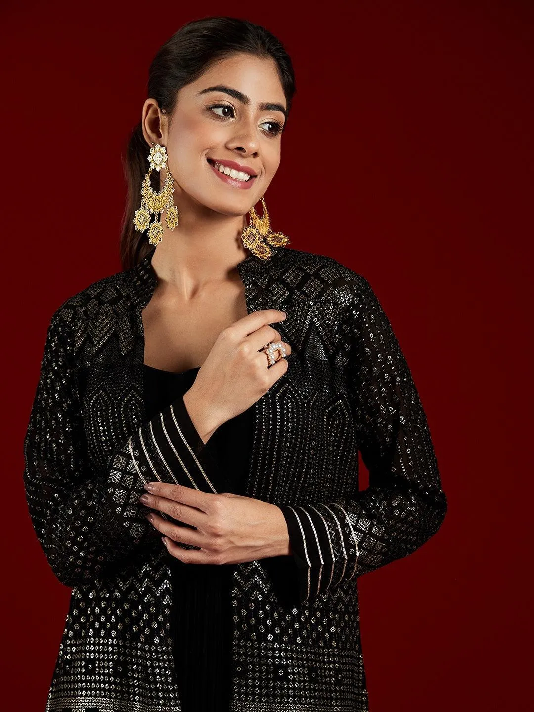 Jashvi Art Black Sequinned Georgette Jacket Dress