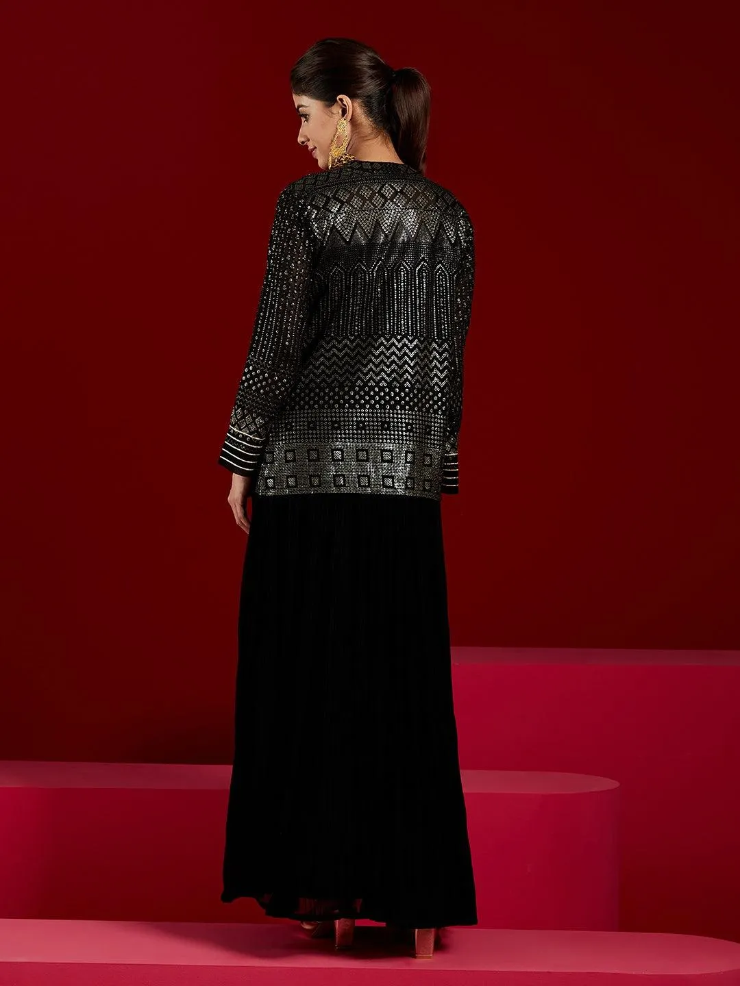 Jashvi Art Black Sequinned Georgette Jacket Dress