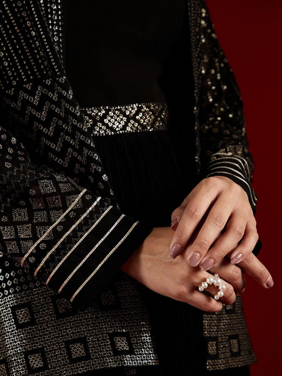 Jashvi Art Black Sequinned Georgette Jacket Dress